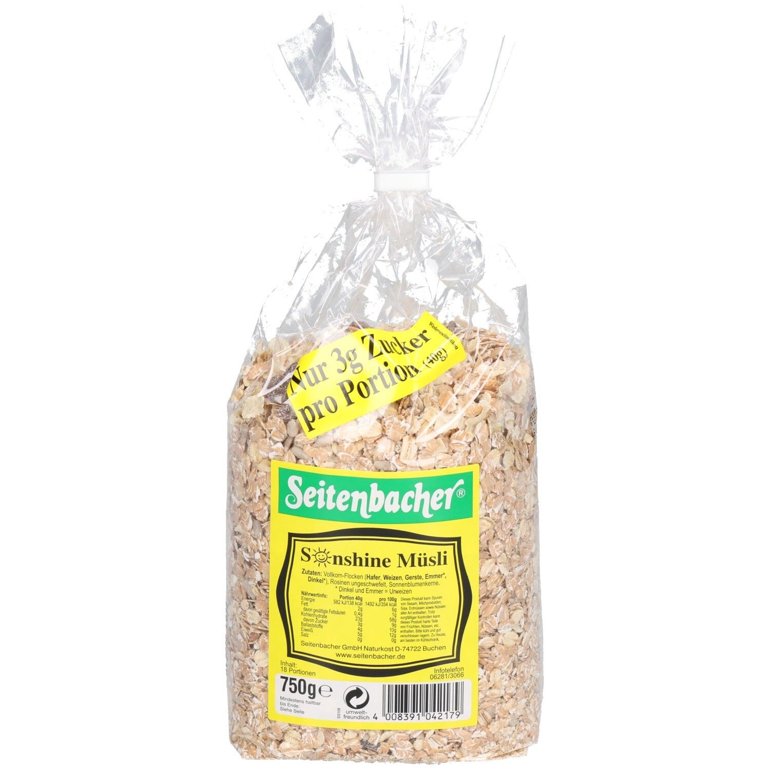 Transparente Tüte mit Müsli. Aufkleber mit Produktname: Seitenbacher Sunshine Müsli. Gelber Aufkleber mit Text.
