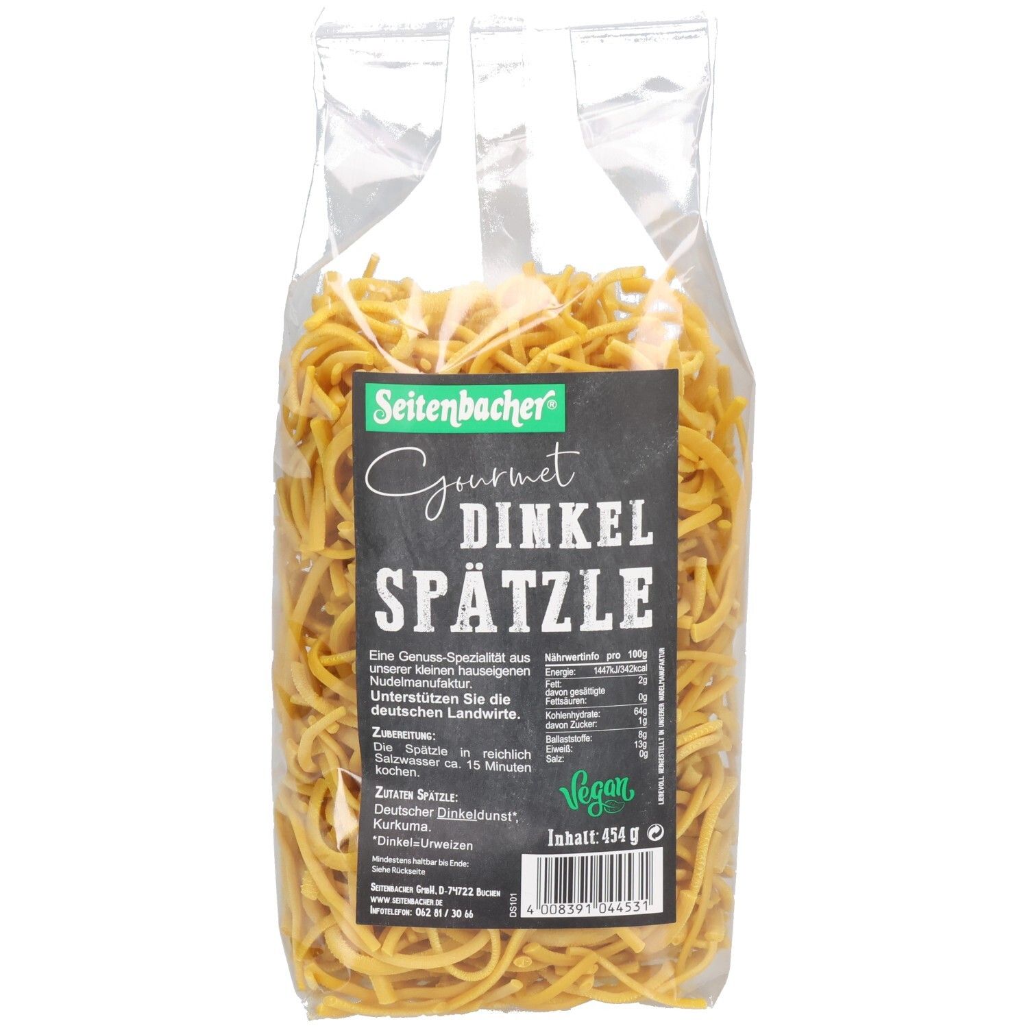Klarsichtverpackung mit Spätzle. Aufdruck: Seitenbacher Gourmet Dinkel Spätzle. Vegan-Siegel. Inhalt: 454g.