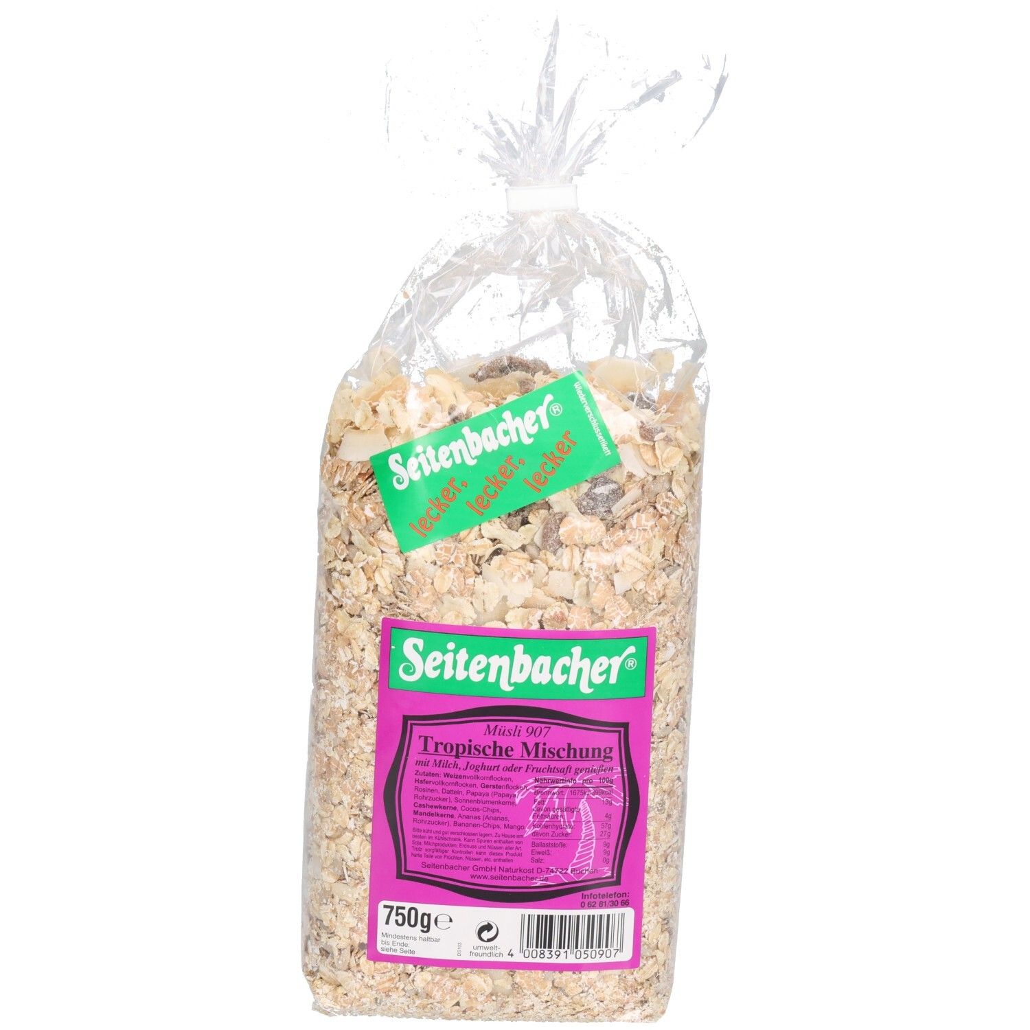 Transparente Tüte mit Getreidemischung. Etikett mit Produktname und Marke: Seitenbacher. Aufdruck: Tropische Mischung, 750g.