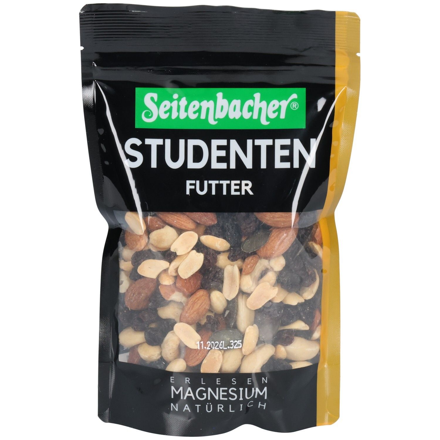 Schwarze Tüte mit Seitenbacher Studentenfutter. Grün-weißes Logo, Produktname in Großbuchstaben. Mischung aus Nüssen und Trockenfrüchten sichtbar.