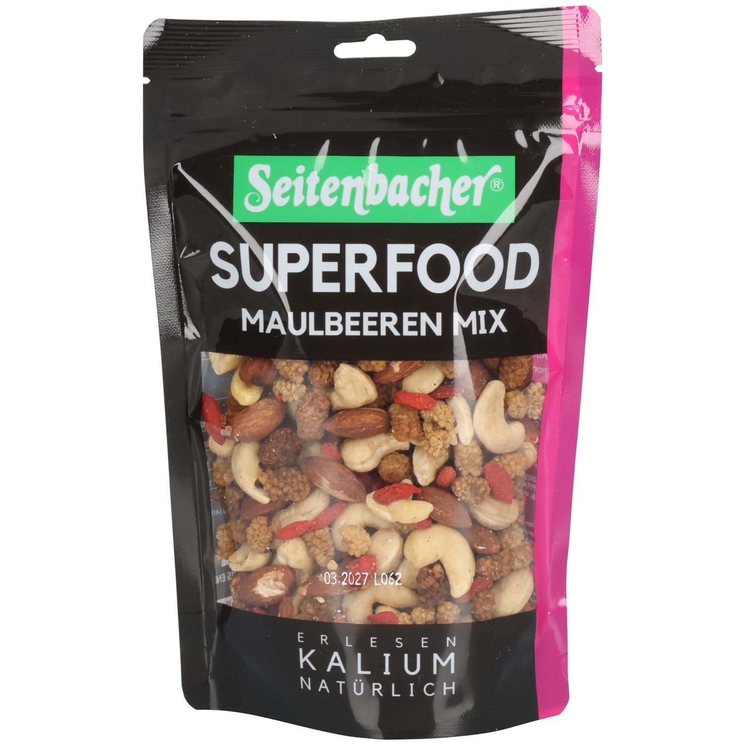 Schwarze Tüte mit Seitenbacher Superfood Maulbeeren-Mix. Sichtbar sind Nüsse und Früchte. Grün-weißer Markenname, Produktbezeichnung.