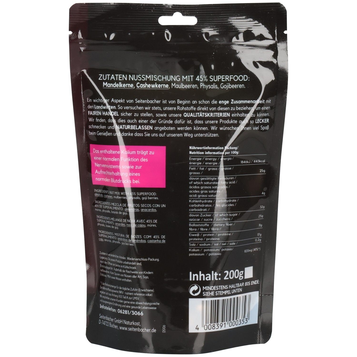 Rückseite der schwarzen Tüte. Text mit Zutaten, Nährwertangaben und Inhaltsangabe: 200g. Seitenbacher Logo und Barcode.