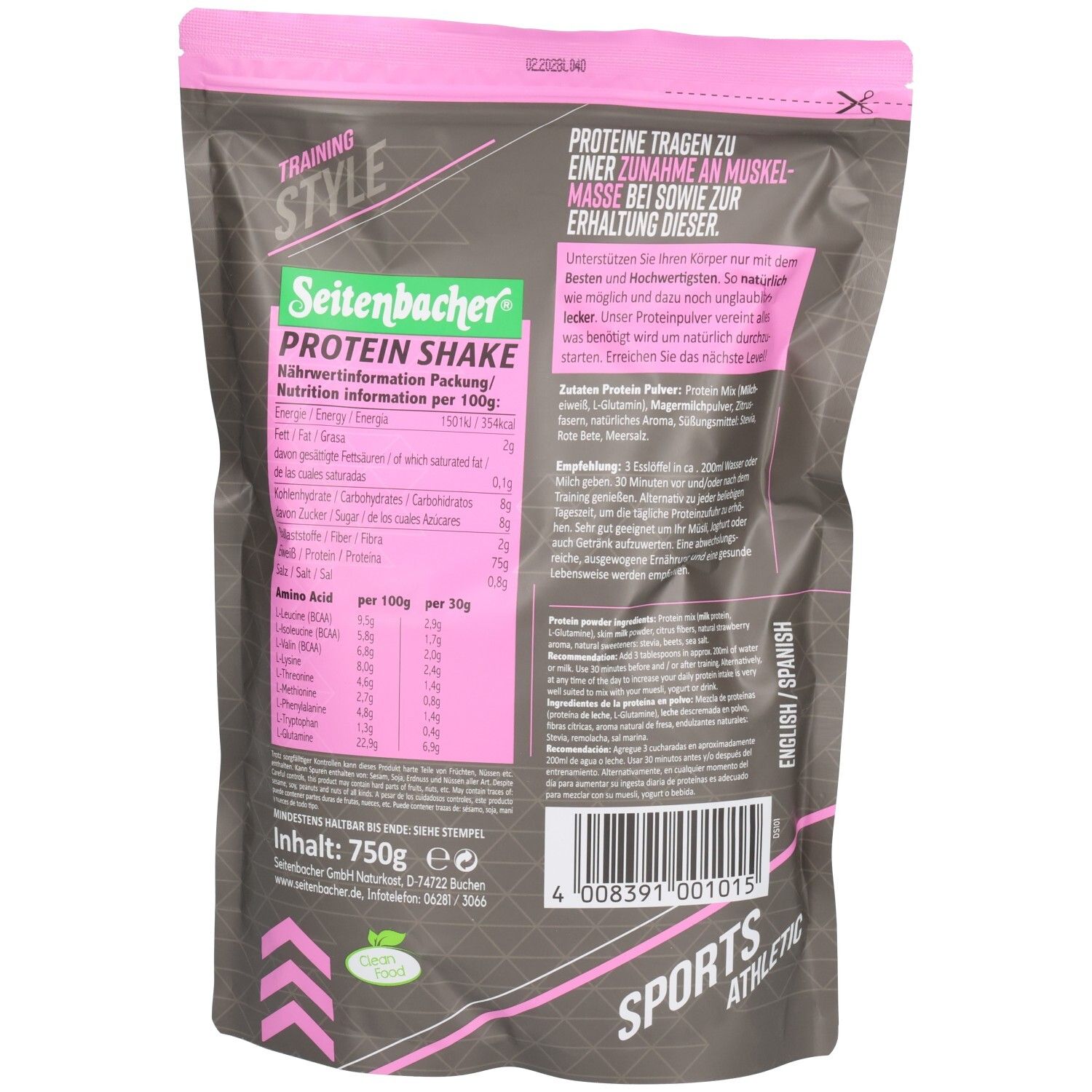 Rückseite der Verpackung Seitenbacher Protein Shake. Enthält Nährwertinformationen, Inhaltsstoffe und Barcode. Text in Deutsch und Englisch.