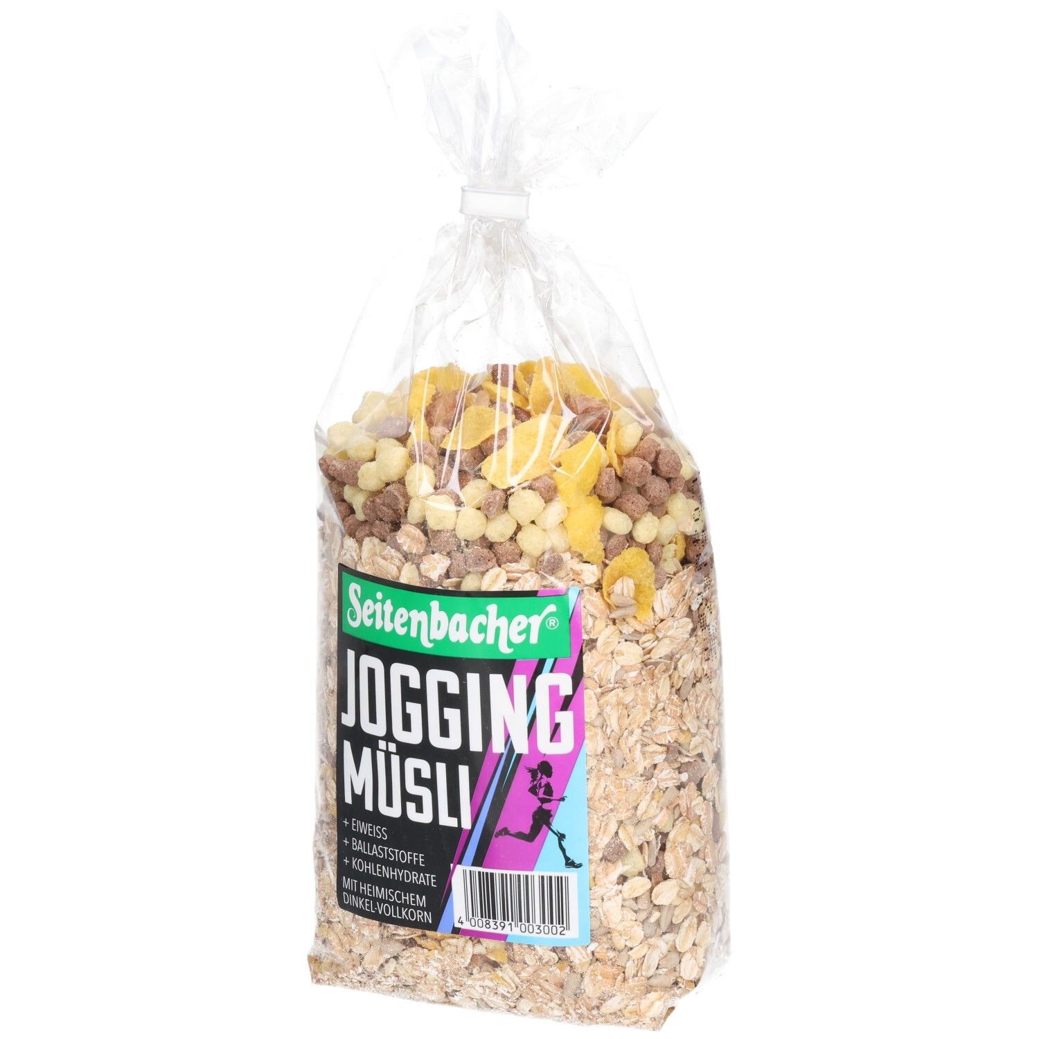 Transparente Tüte mit Seitenbacher Jogging Müsli. Enthält Getreideflocken, Trockenfrüchte und Cerealien. Sichtbare Produktbezeichnung.