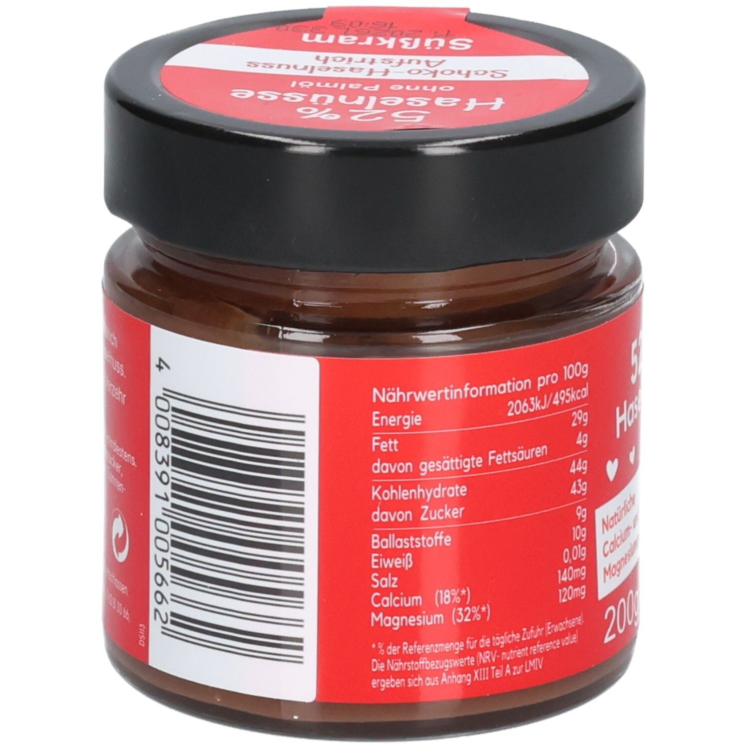 Glas mit Schoko-Haselnuss-Creme. Rote Etikett mit Nährwertangaben. Marke: Seitenbacher. Schwarzer Deckel. 200g.
