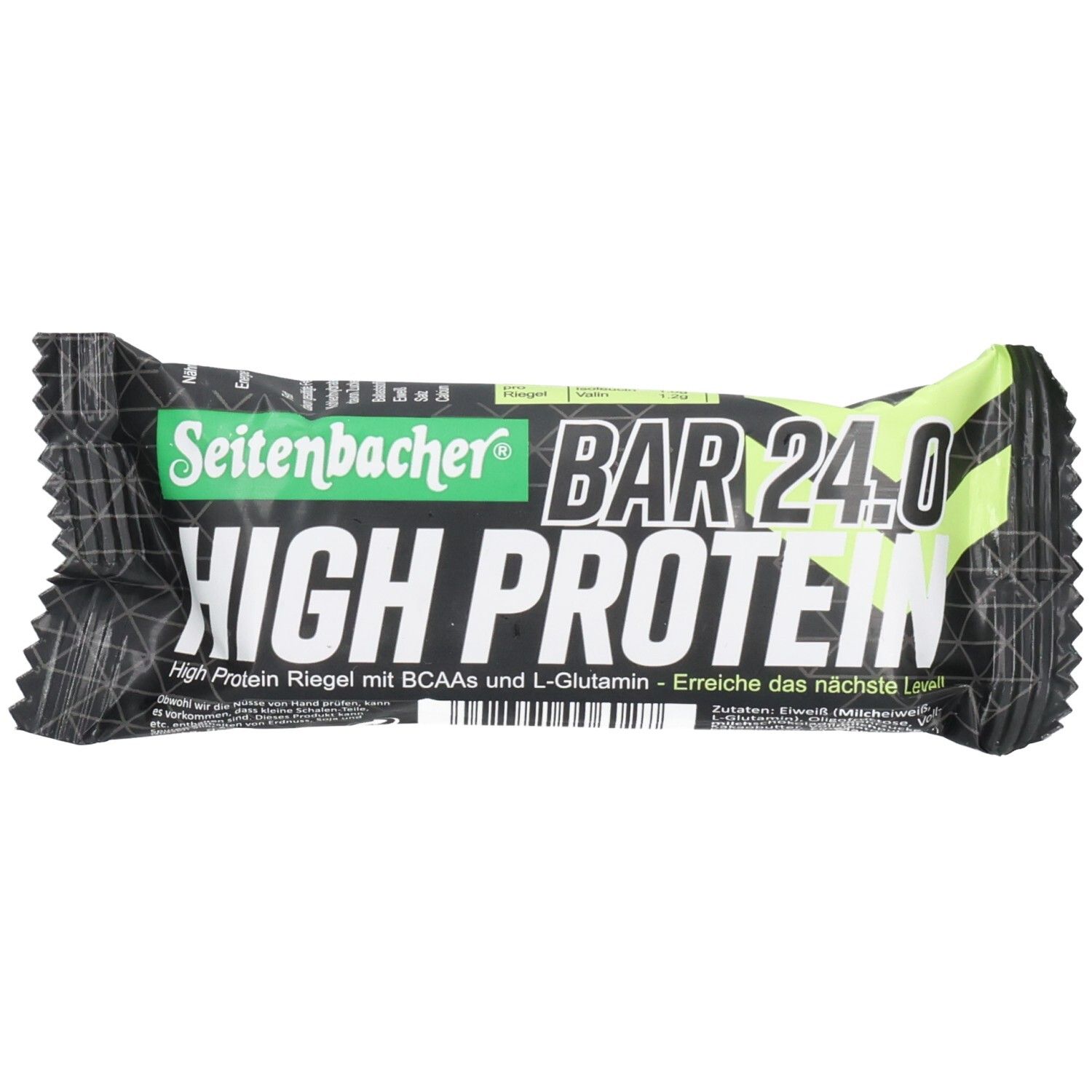 Seitenbacher High Protein Riegel. Schwarze Verpackung mit grünem Akzent. Schriftzug: BAR 24.0, HIGH PROTEIN. Enthält BCAAs und L-Glutamin.