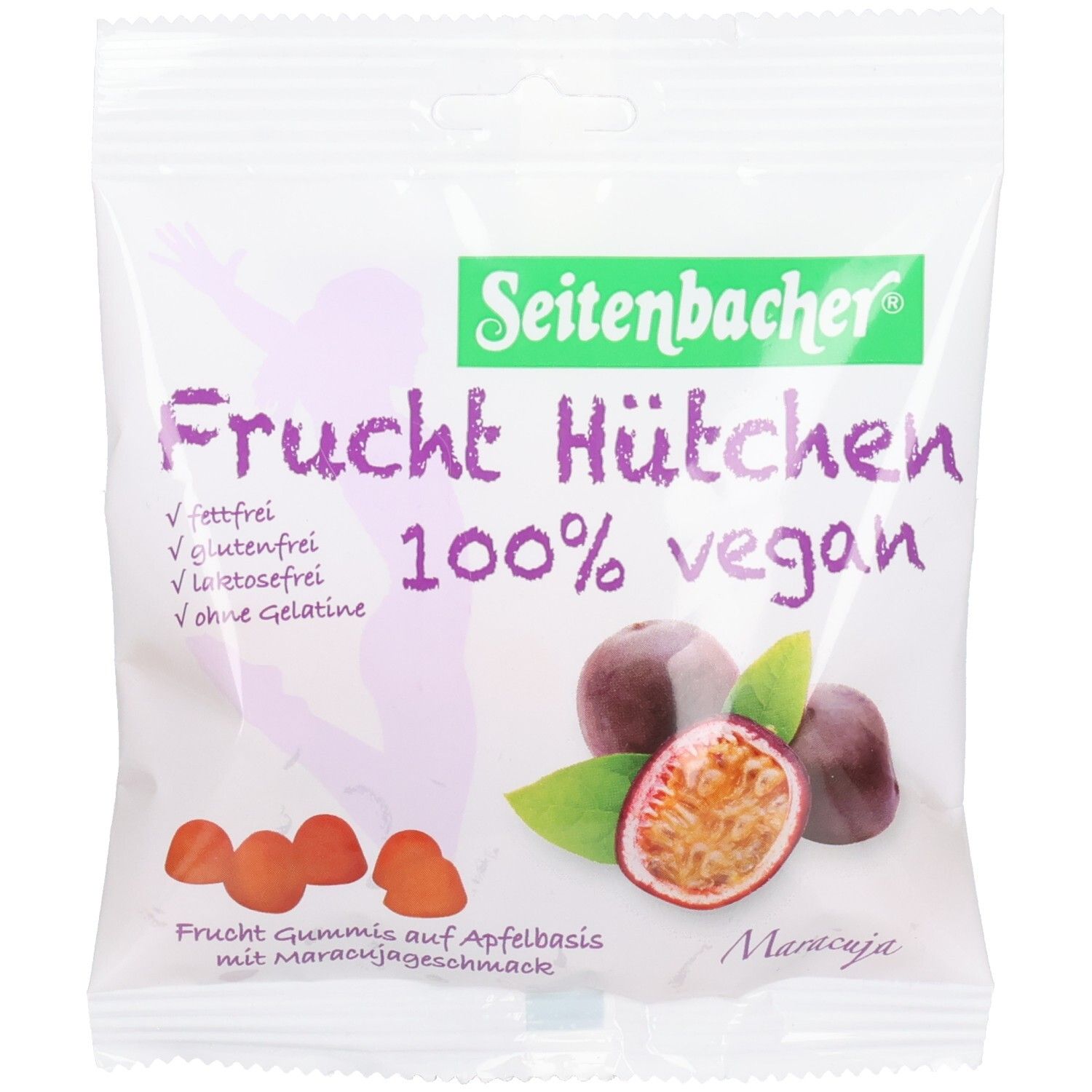 Beutel mit Fruchtgummi. Aufschrift: Seitenbacher, Frucht Hütchen, 100% vegan. Abbildung von Maracuja und Fruchtgummis.