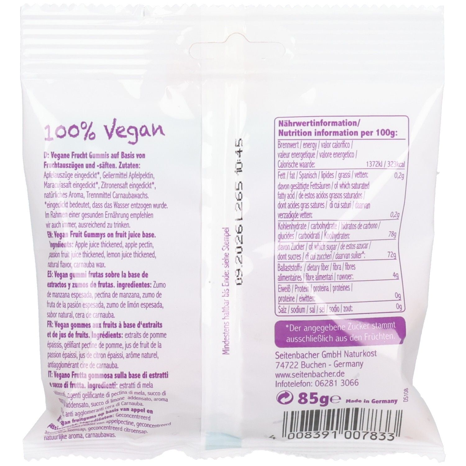 Rückseite der Verpackung. Text: 100% Vegan, Nährwertinformationen, Zutatenliste. Hersteller: Seitenbacher GmbH Naturkost.