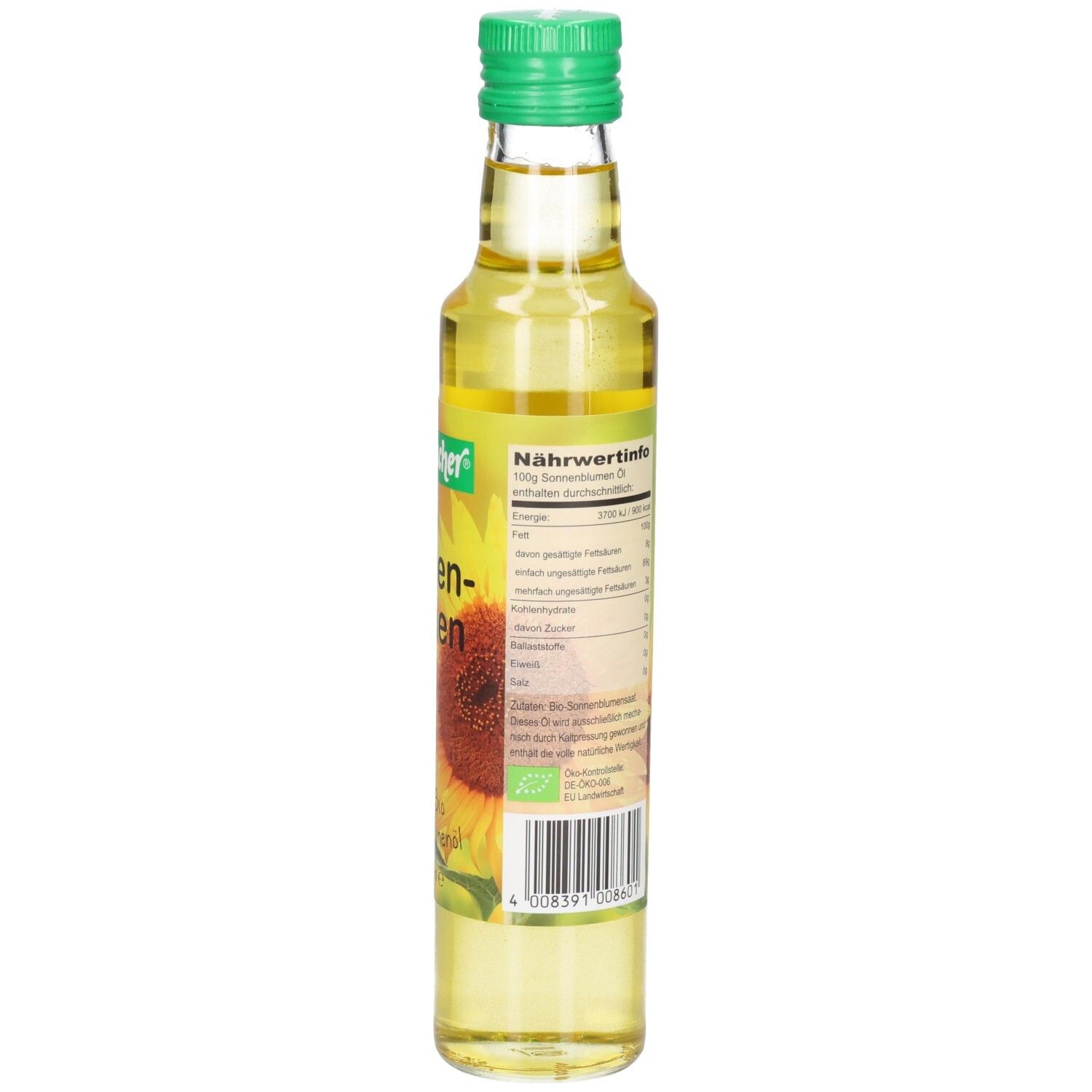 Glasflasche, Seitenansicht. Etikett mit Nährwertinformationen und weiteren Angaben.