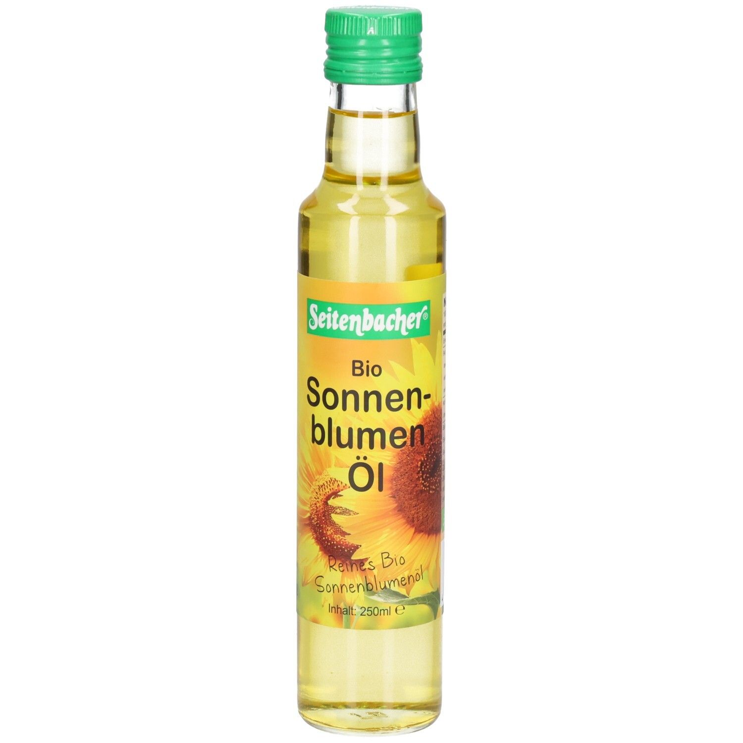 Glasflasche mit grünem Deckel. Etikett mit "Seitenbacher Bio Sonnenblumen Öl" und Sonnenblumen-Illustration.