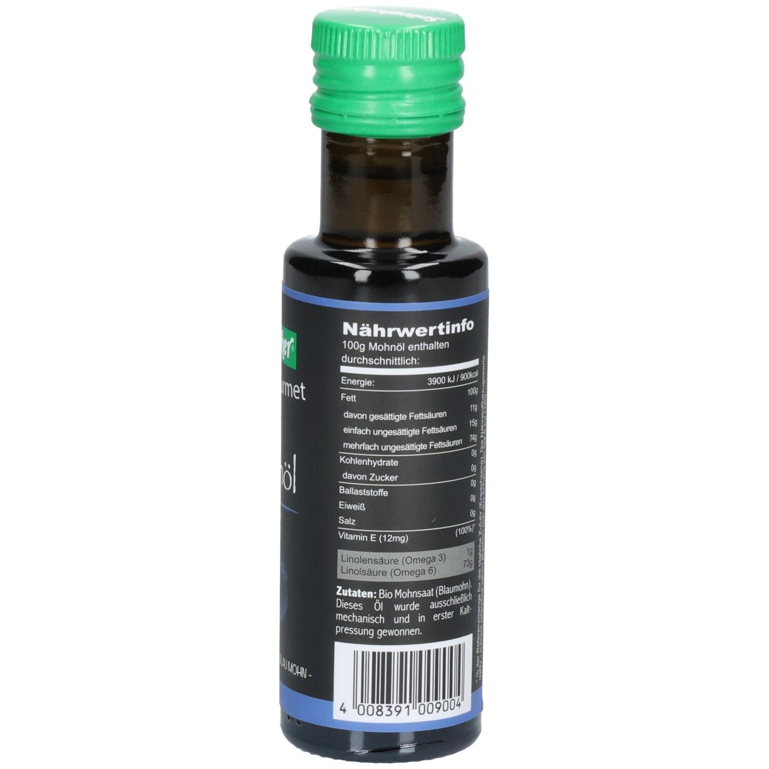 Braune Glasflasche mit grünem Deckel. Etikett mit Nährwertinformationen und Zutatenliste.