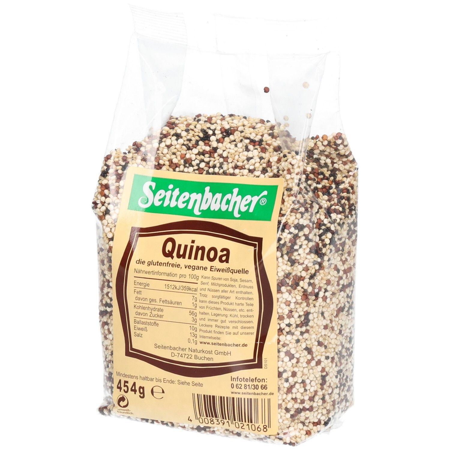 Klare Plastiktüte mit Quinoa. Aufdruck: Seitenbacher, Quinoa, Nährwertangaben, 454g. Mehrfarbige Körner.