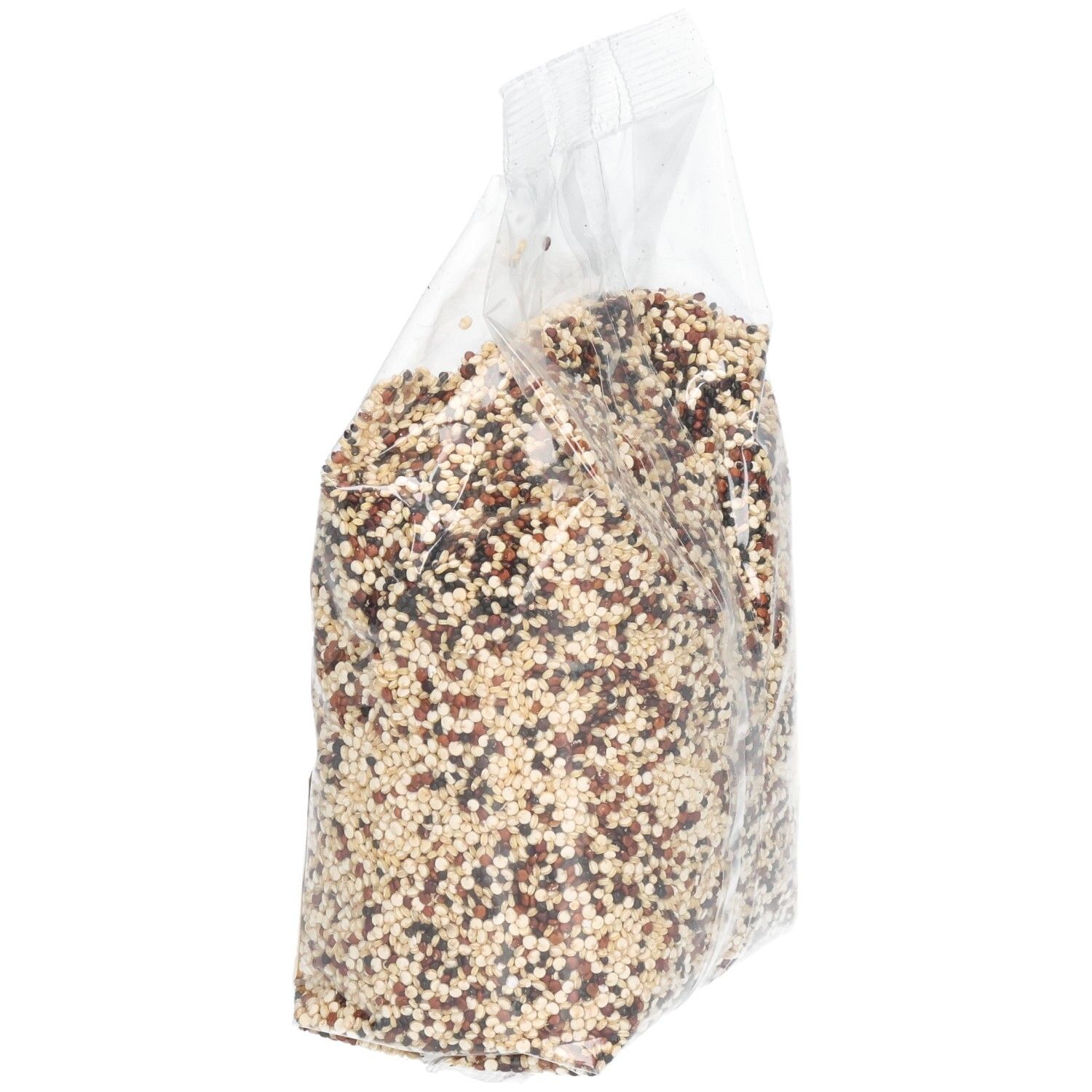 Schräg stehende, transparente Tüte mit Quinoa-Körnern. Mehrfarbige Körner. Keine weiteren Details sichtbar.