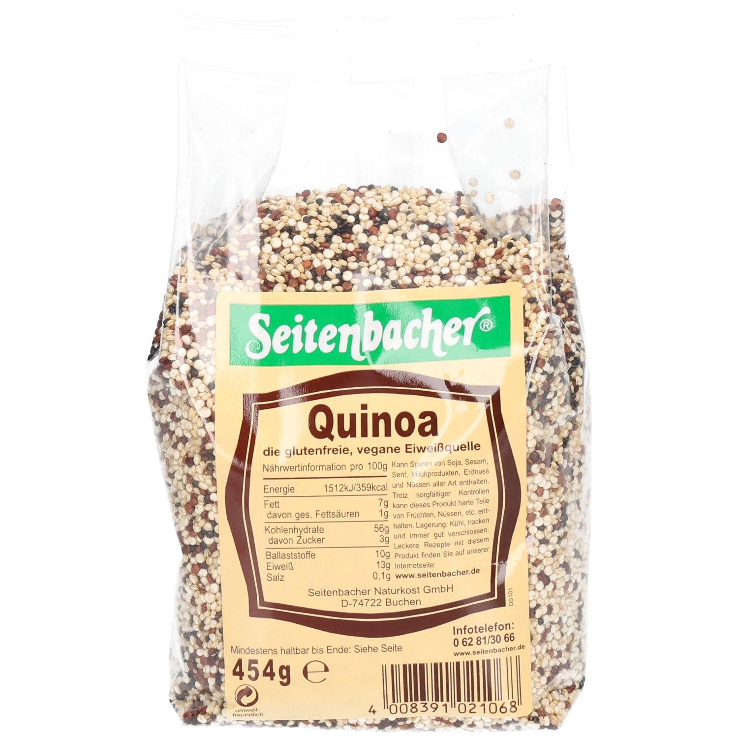 Klare Plastiktüte mit Quinoa. Aufdruck: Seitenbacher, Quinoa, Nährwertangaben, 454g. Mehrfarbige Körner.