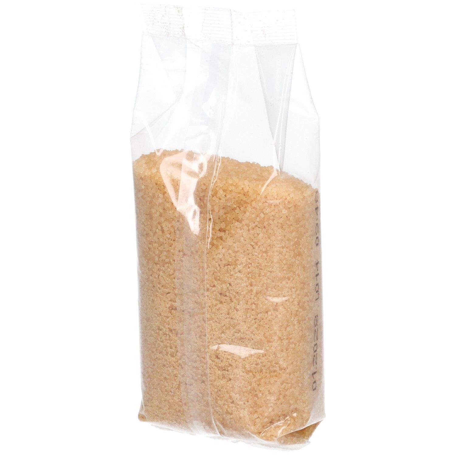 Brauner Rohrzucker in transparenter Verpackung. Seitenansicht der Verpackung. Produkt sichtbar.