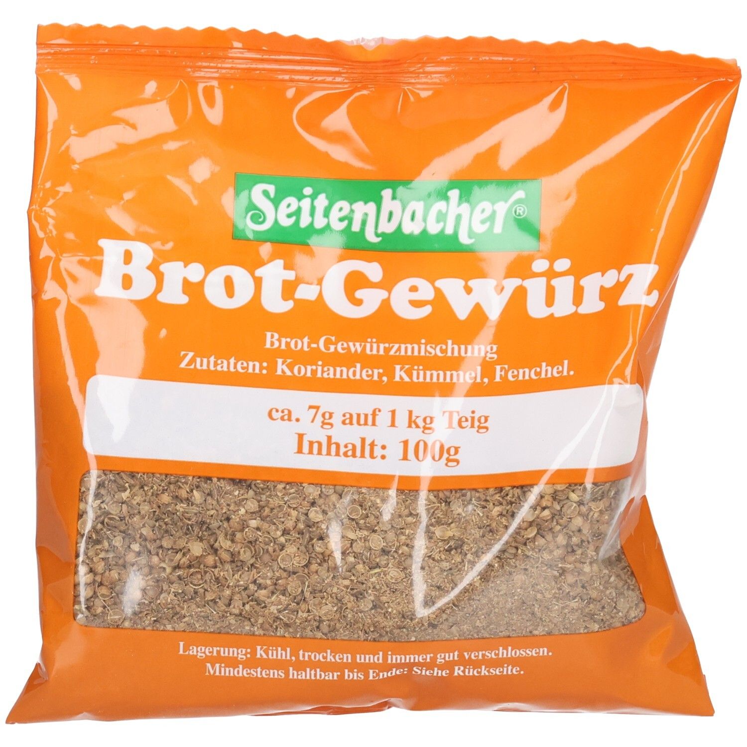 Orangefarbene Verpackung mit Aufschrift "Seitenbacher Brot-Gewürz". Enthält Brot-Gewürzmischung. Zutaten: Koriander, Kümmel, Fenchel.