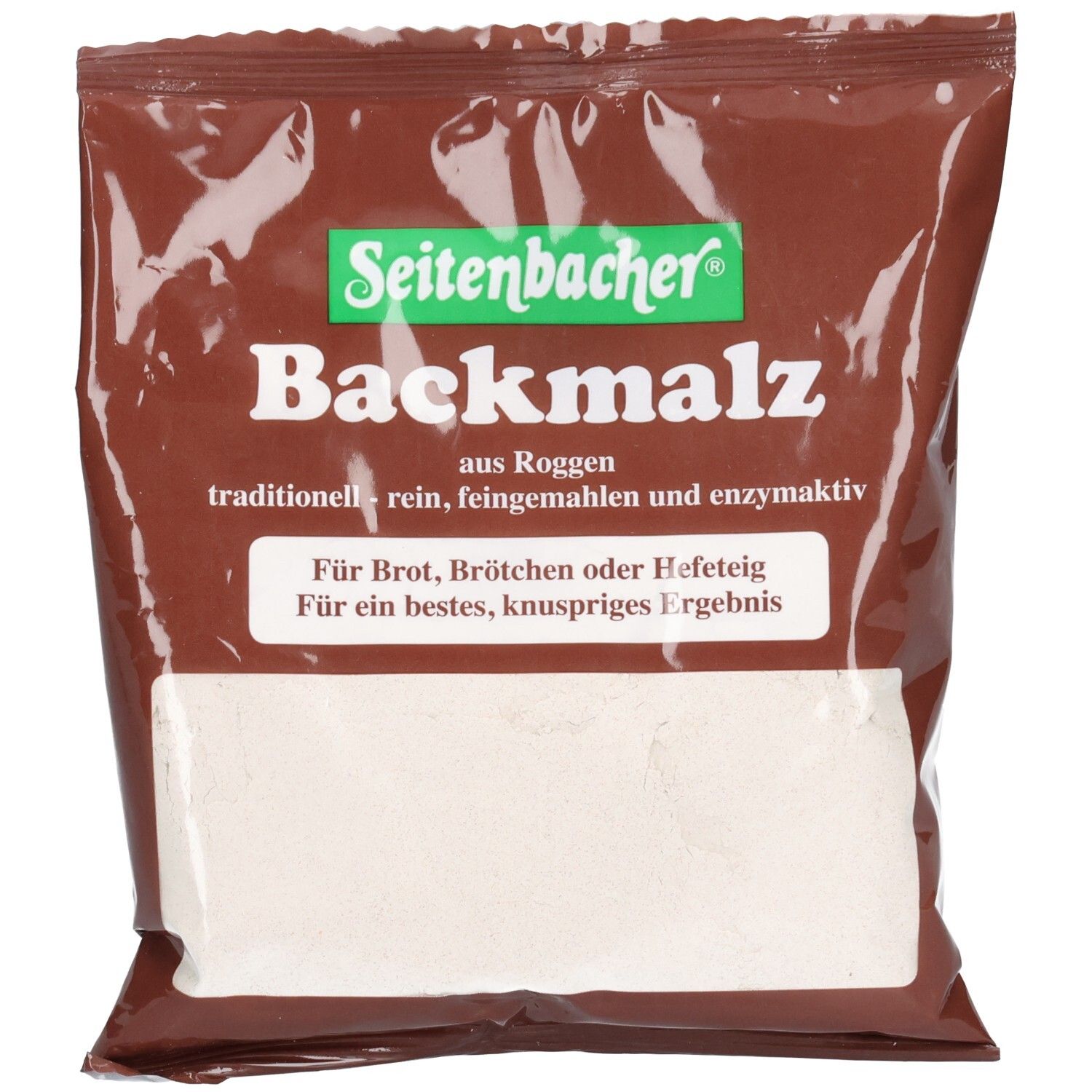 Braune Tüte mit grünem Logo "Seitenbacher" und "Backmalz aus Roggen". Untertitel mit Produktinformationen.