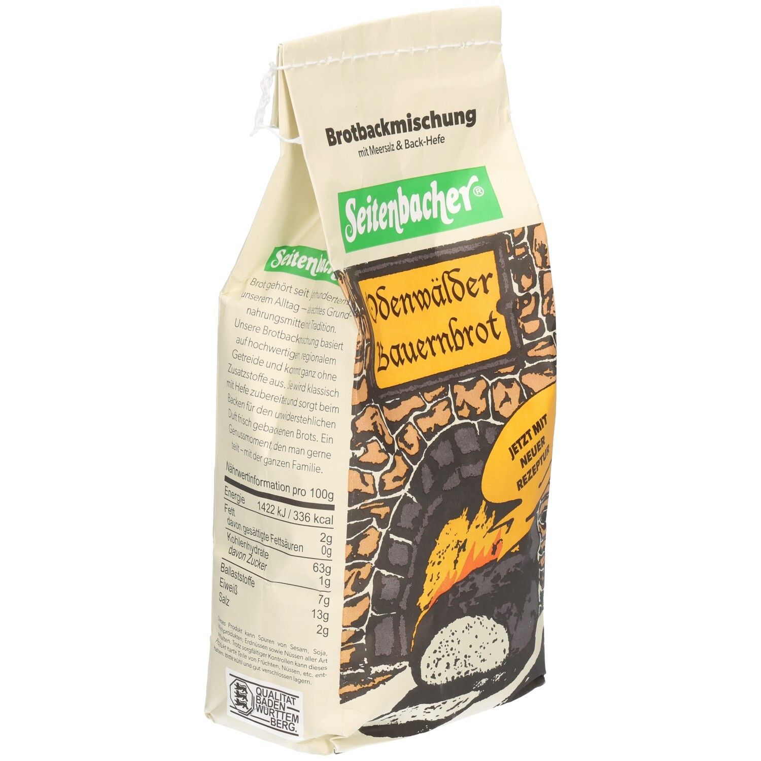 Verpackung Seitenbacher Odenwälder Bauernbrot. Nährwertangaben. Mischung mit Meersalz und Back-Hefe. Abbildung eines Ofens mit Brot.
