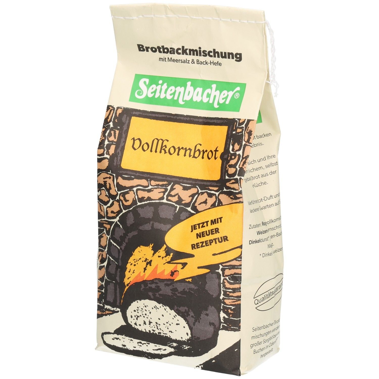 Verpackung Seitenbacher Vollkornbrot. Aufdruck: Brotbackmischung, Vollkornbrot, Jetzt mit neuer Rezeptur. Abbildung eines Ofens.