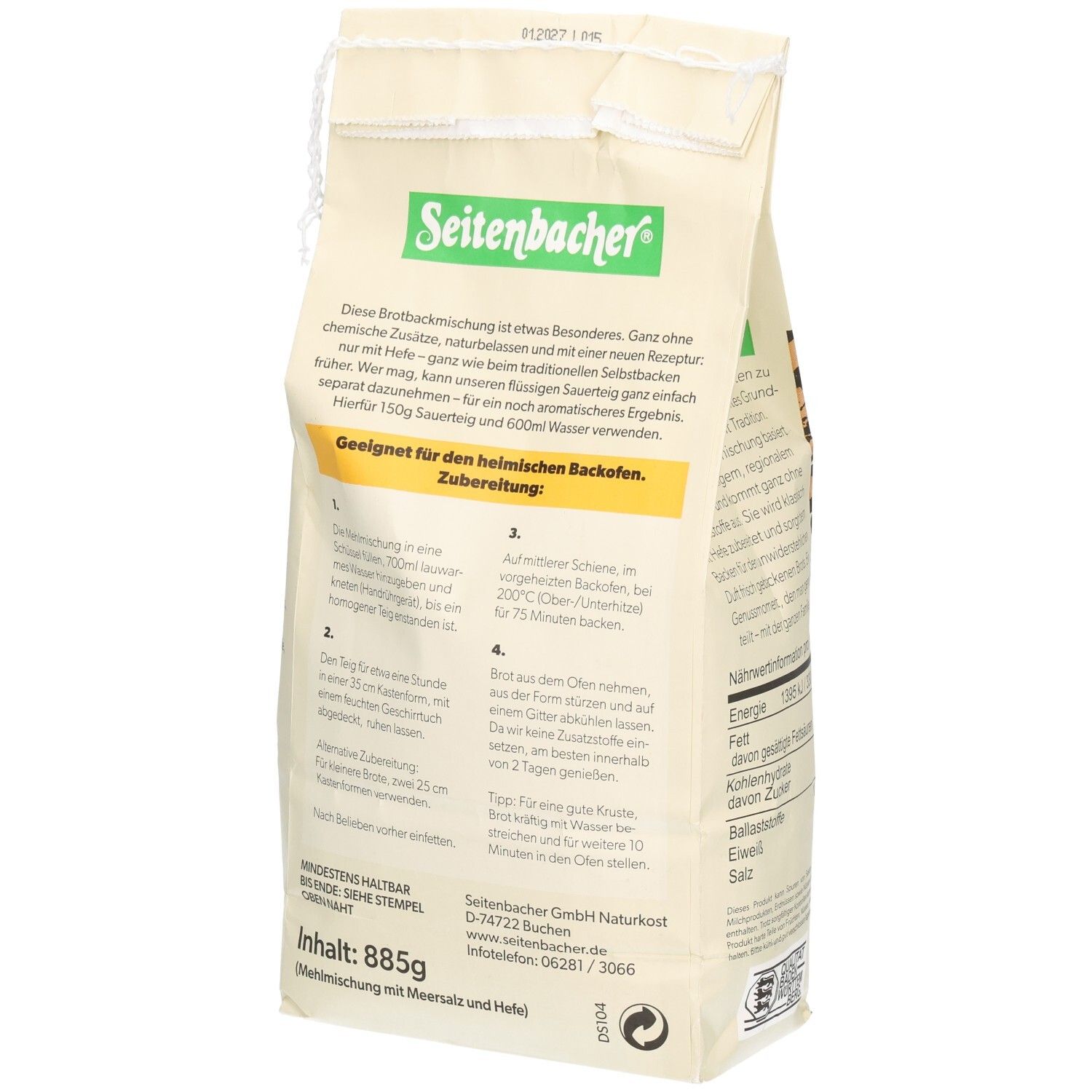 Rückseite der Seitenbacher Vollkornbrot Verpackung. Aufdruck: Zubereitungshinweise, Zutaten, Herstellerinformationen.