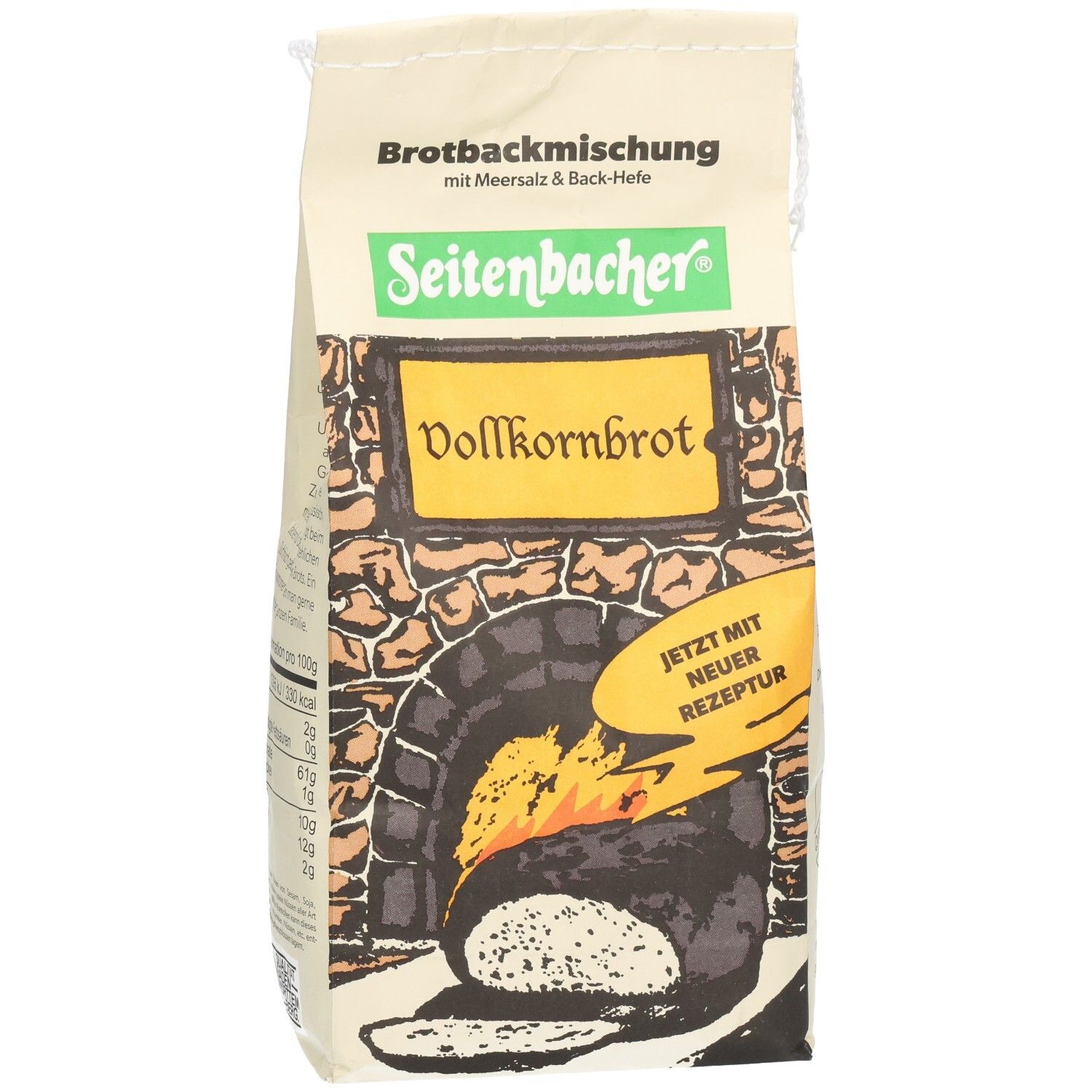 Vorderseite der Seitenbacher Vollkornbrot Verpackung. Aufdruck: Brotbackmischung, Vollkornbrot, Jetzt mit neuer Rezeptur. Ofen-Illustration.