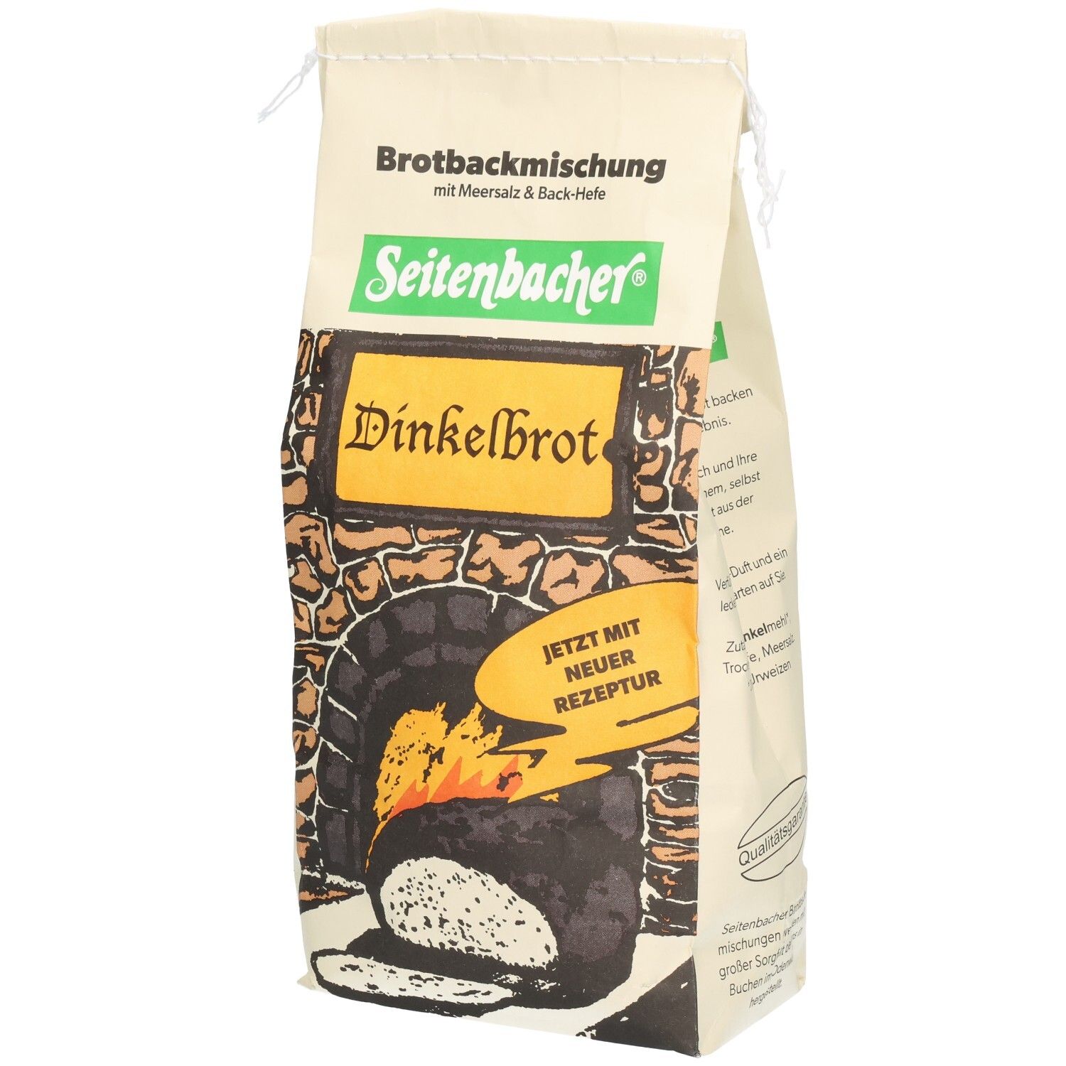 Beutel mit Seitenbacher Dinkelbrot Backmischung. Logo, Produktname und Ofen-Illustration. Text: Brotbackmischung mit Meersalz & Back-Hefe.