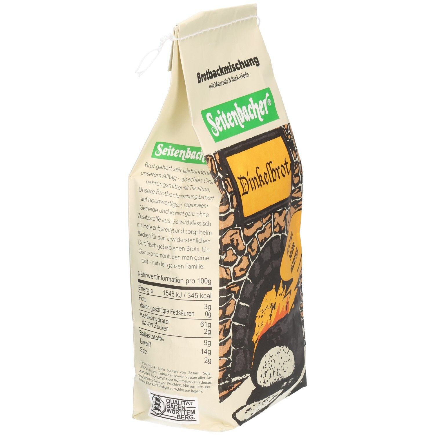Seitenbacher Dinkelbrot Backmischung Beutel, schräg. Logo, Produktname und Ofen-Illustration. Nährwertangaben. Text: Brotbackmischung mit Meersalz & Back-Hefe.