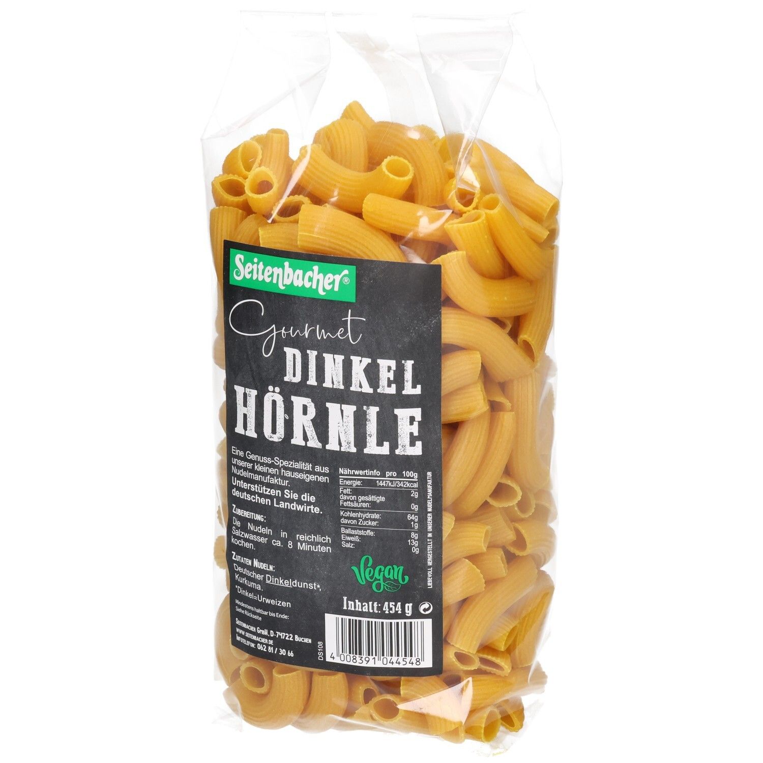 Klare Plastiktüte mit Seitenbacher Dinkel Hörnle Nudeln. Aufdruck: Gourmet, Vegan-Siegel, Nährwertangaben, Inhalt 454 g.