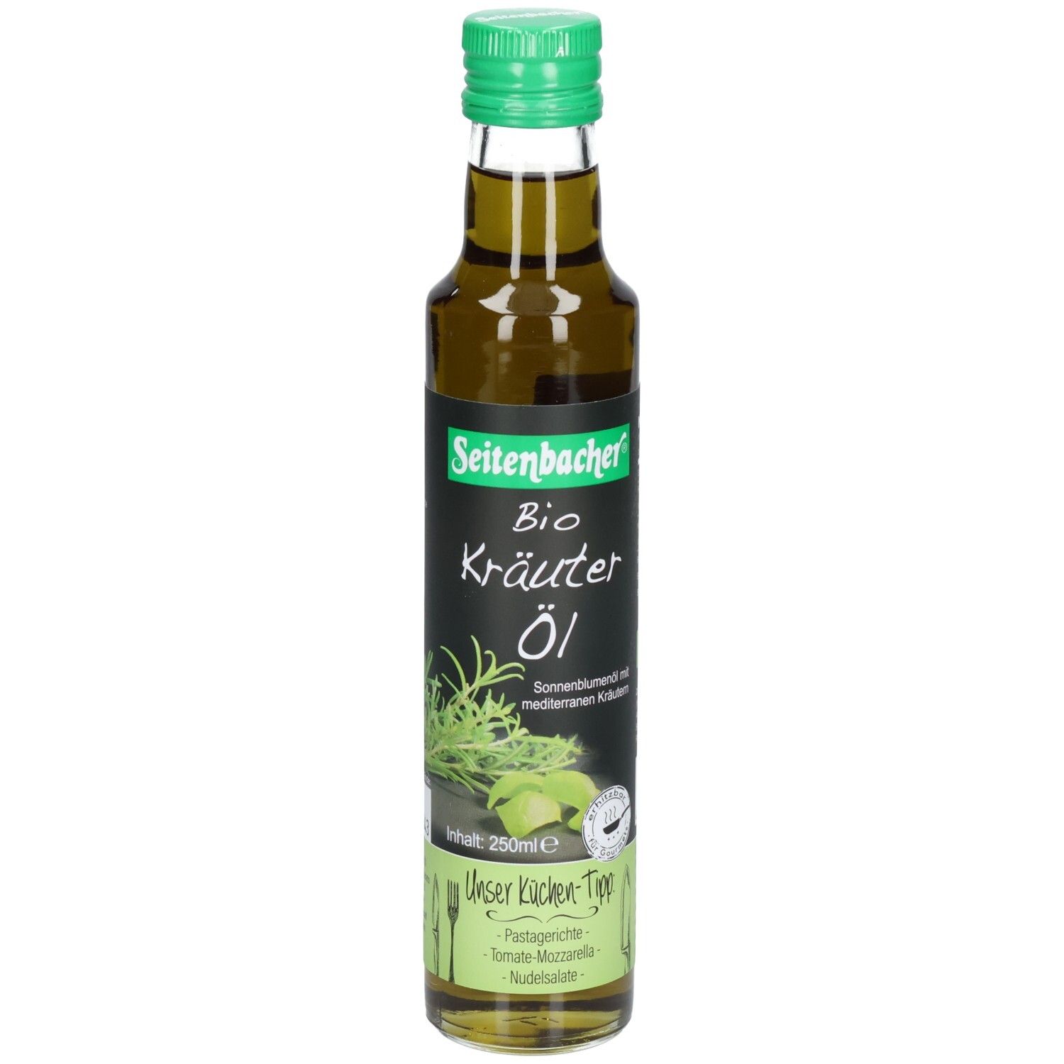 Grüne Glasflasche mit grünem Deckel. Etikett mit Produktname und Kräuterabbildung. Aufschrift: Bio Kräuter Öl.
