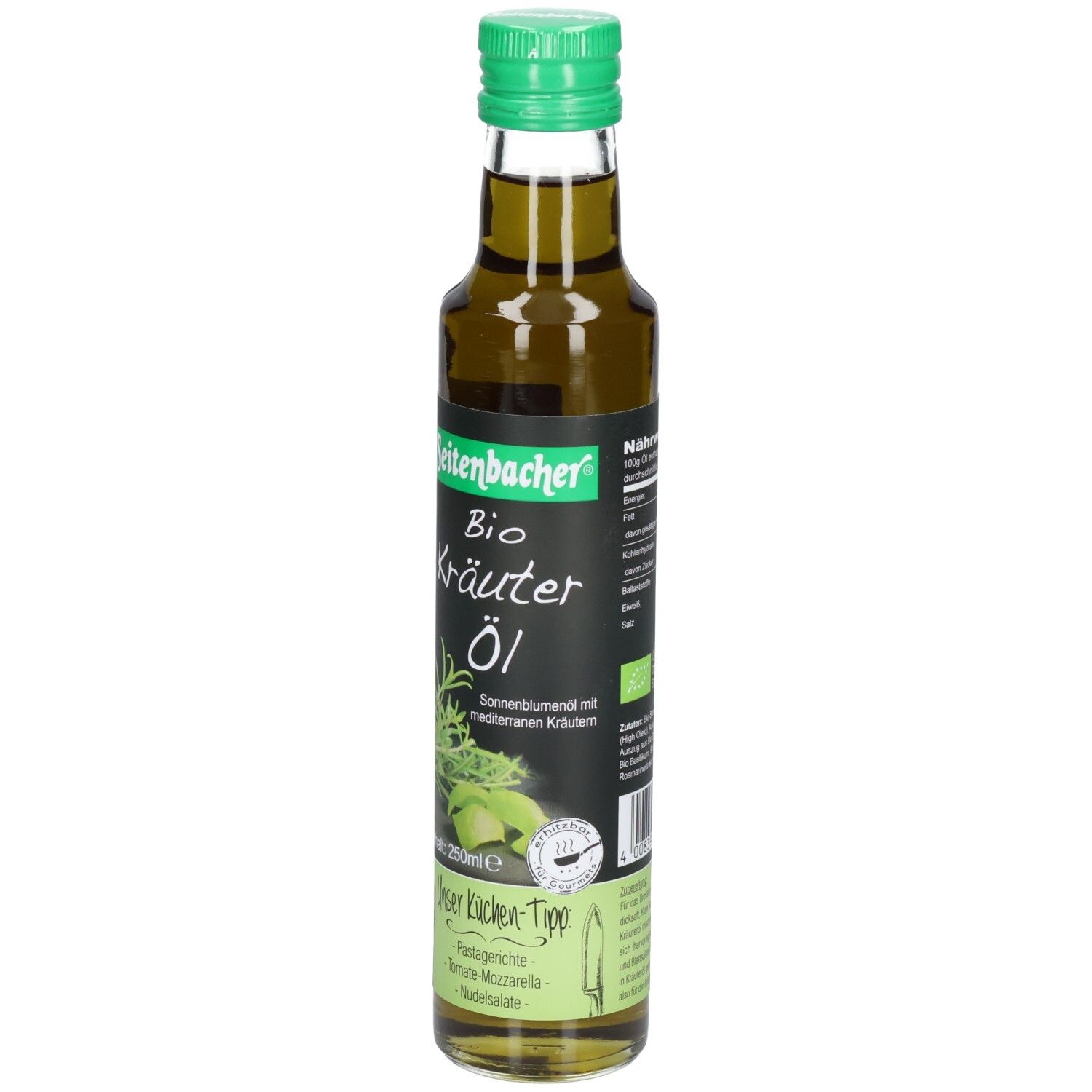 Grüne Glasflasche mit grünem Deckel. Etikett mit Produktname und Kräuterabbildung. Aufschrift: Bio Kräuter Öl.