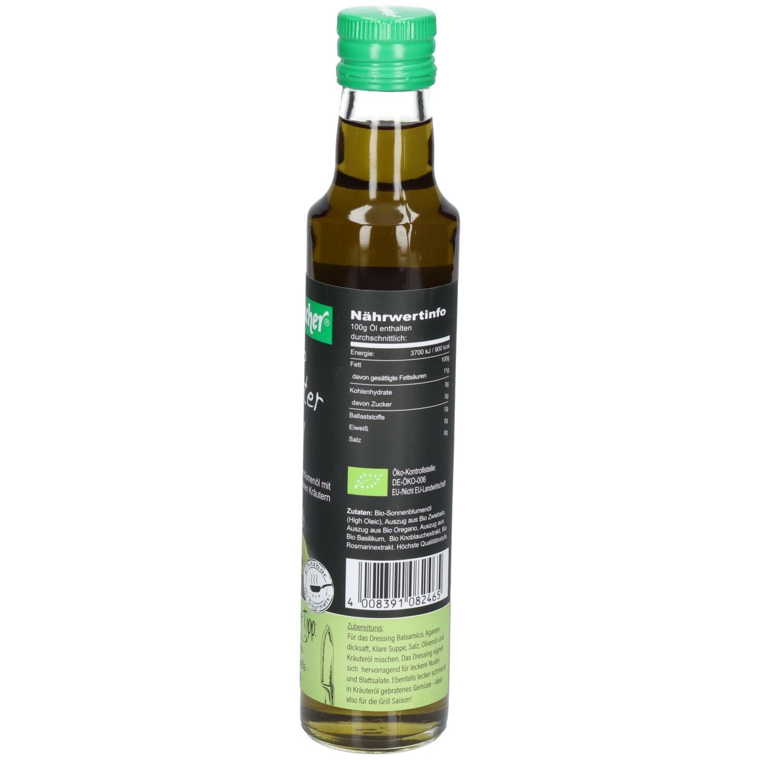 Grüne Glasflasche mit grünem Deckel. Etikett mit Nährwertinformationen. Aufschrift: Bio Kräuter Öl.