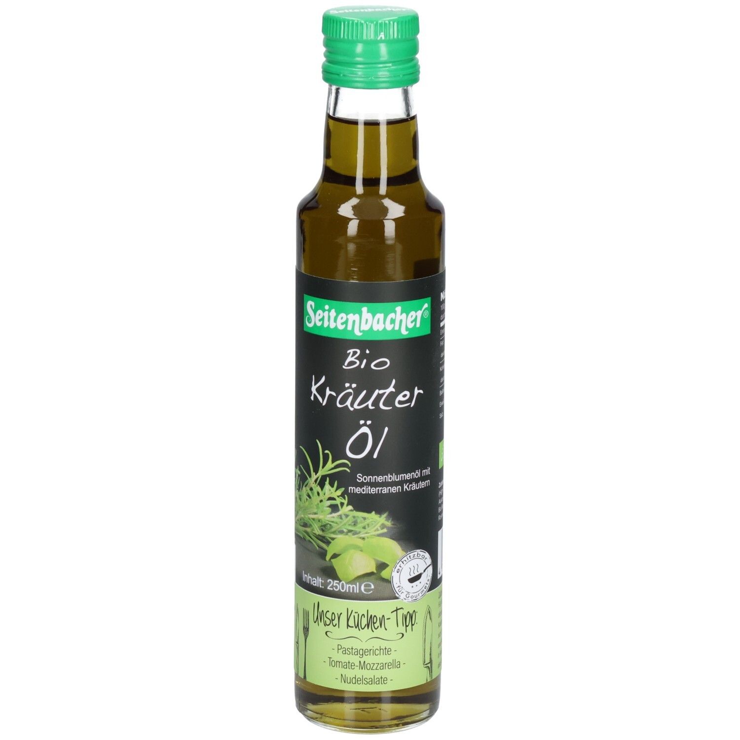 Grüne Glasflasche mit grünem Deckel. Etikett mit Produktname und Kräuterabbildung. Aufschrift: Bio Kräuter Öl.