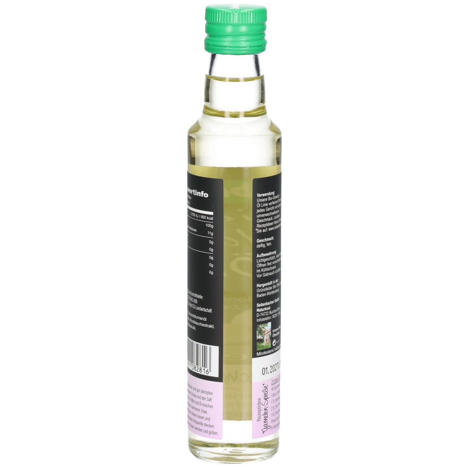 Seitenansicht der Glasflasche mit grünem Deckel. Etikett mit Nährwertinformationen und Herstellerangaben. Bio-Siegel sichtbar.