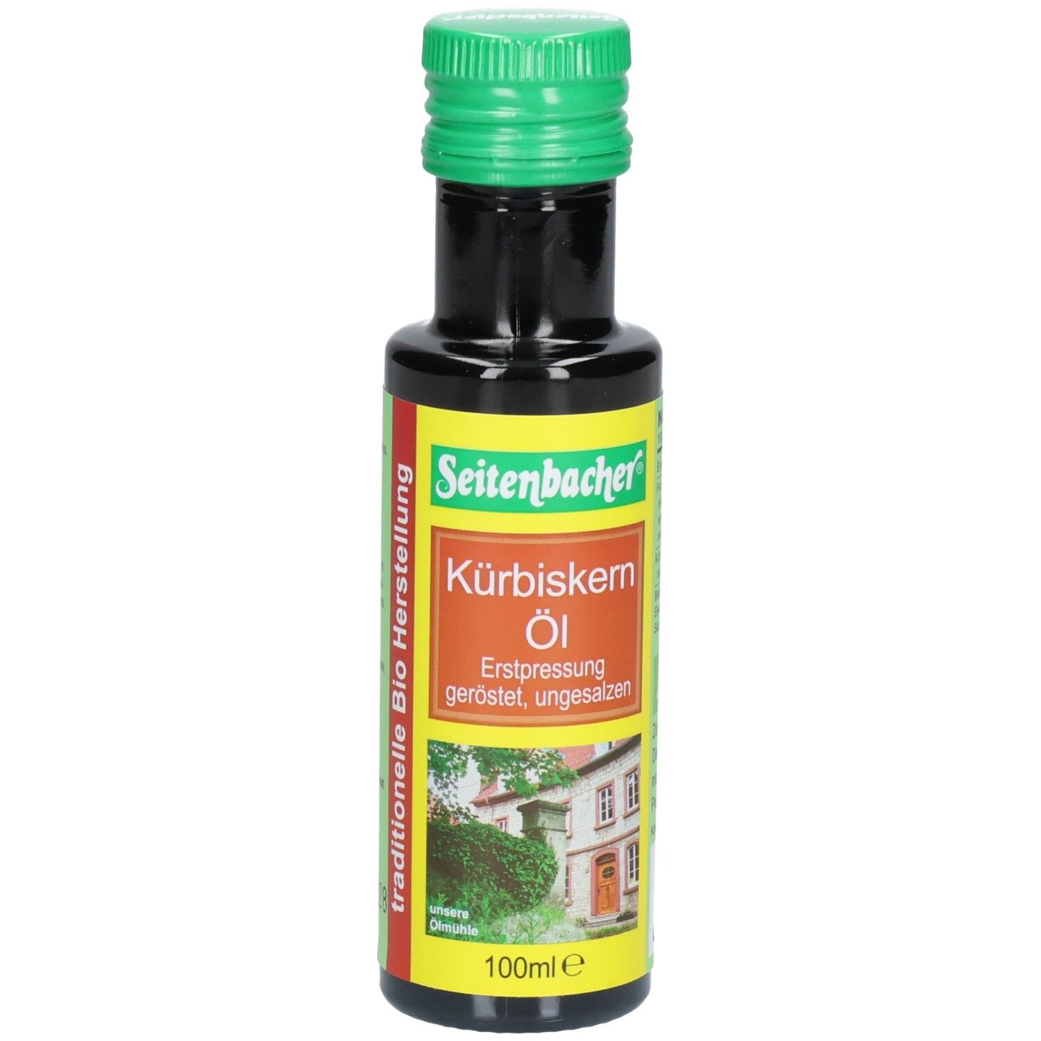 Braune Glasflasche mit grünem Deckel. Etikett mit Produktname und Logo. "Bio Kürbiskern Öl" und "Seitenbacher" sind sichtbar.