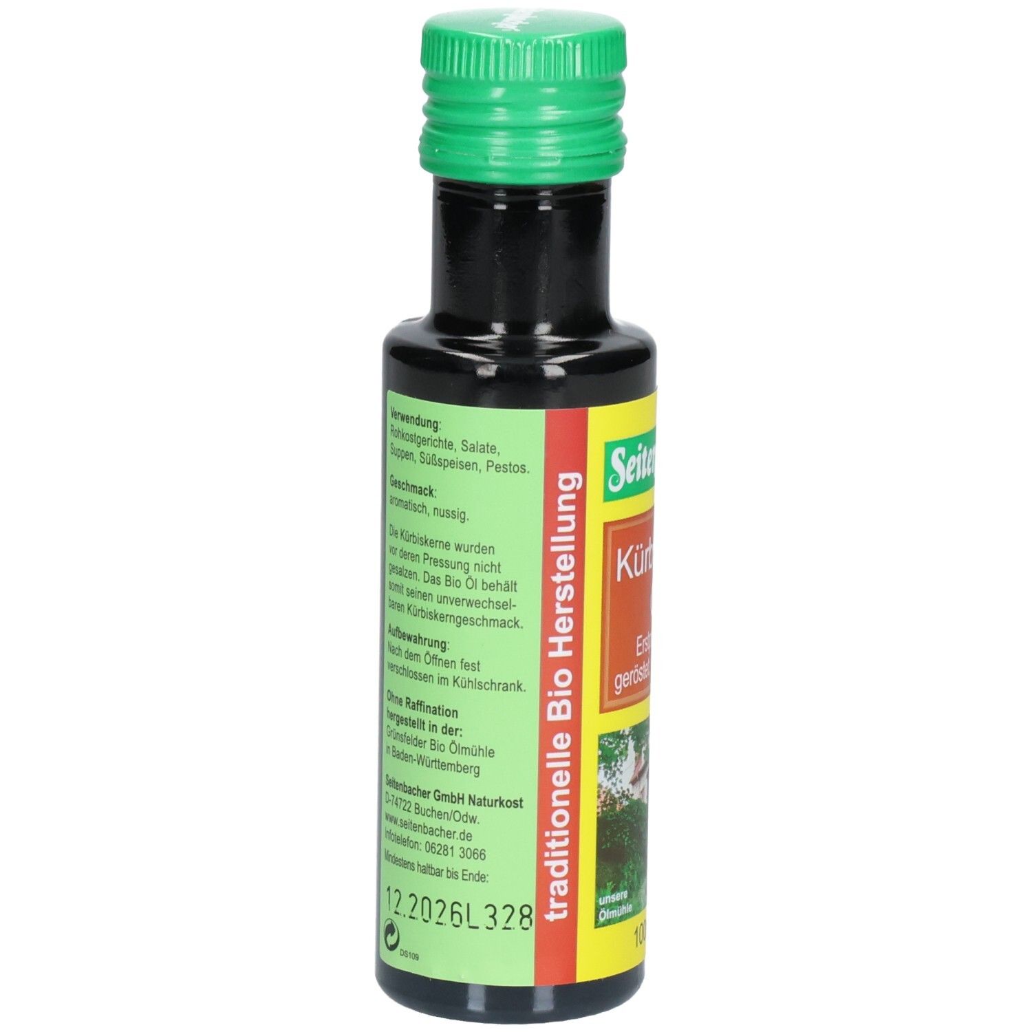 Braune Glasflasche mit grünem Deckel. Etikett mit Informationen zur Verwendung und Inhaltsstoffen. Text in deutscher Sprache.