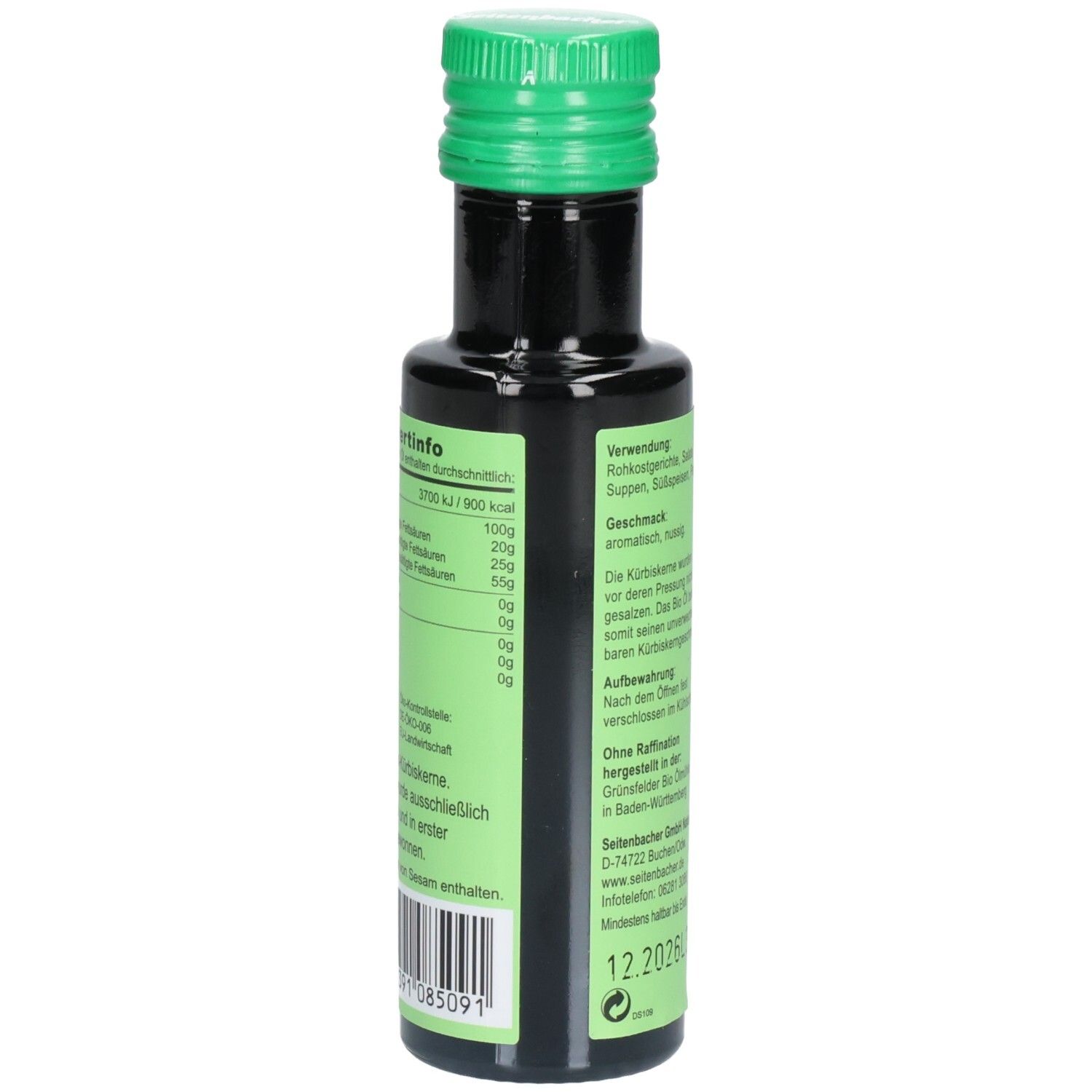 Braune Glasflasche mit grünem Deckel. Etikett mit Nährwertinformationen und Herstellerangaben. Text in deutscher Sprache.