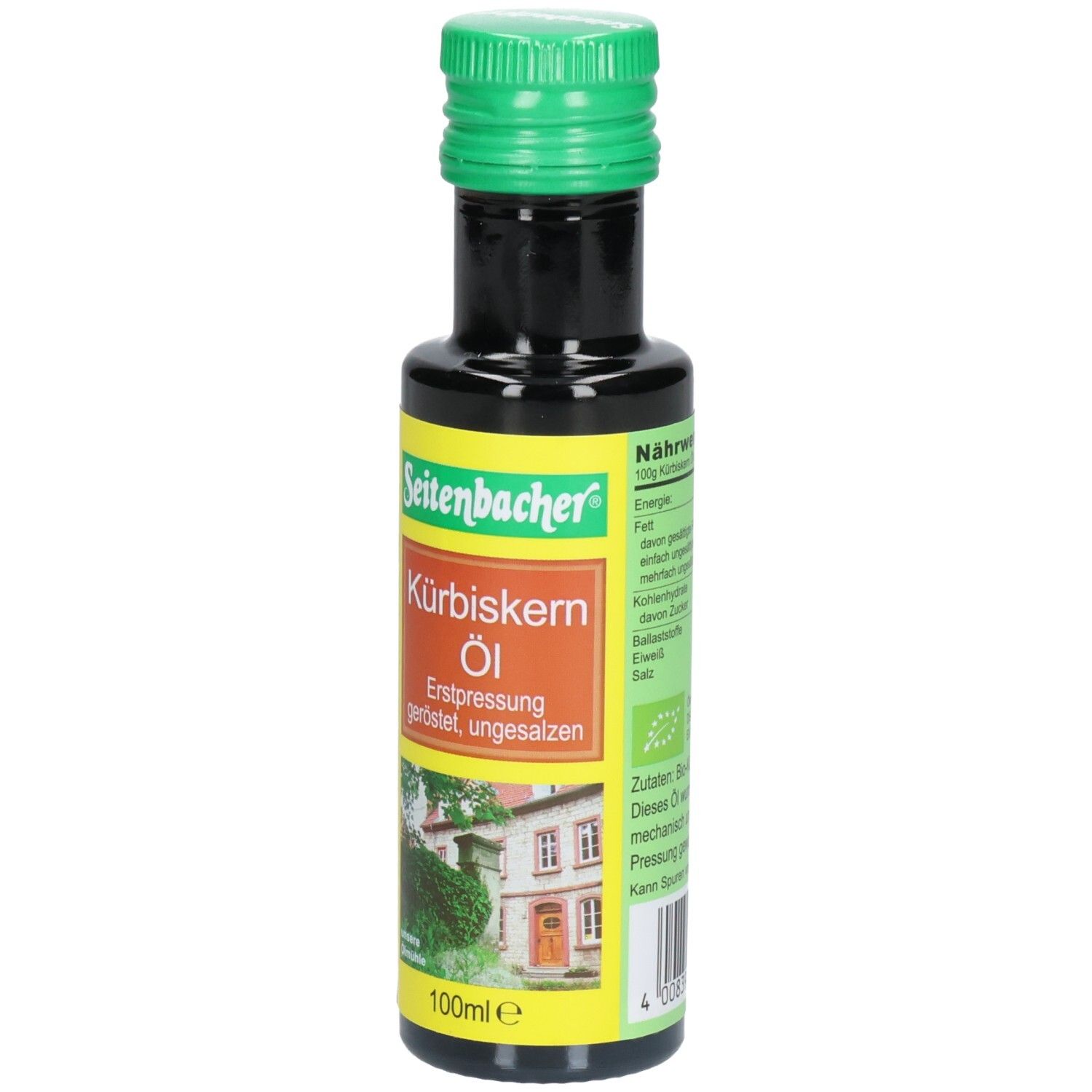 Braune Glasflasche mit grünem Deckel. Etikett mit Produktname und Logo. "Bio Kürbiskern Öl" und "Seitenbacher" sind sichtbar.