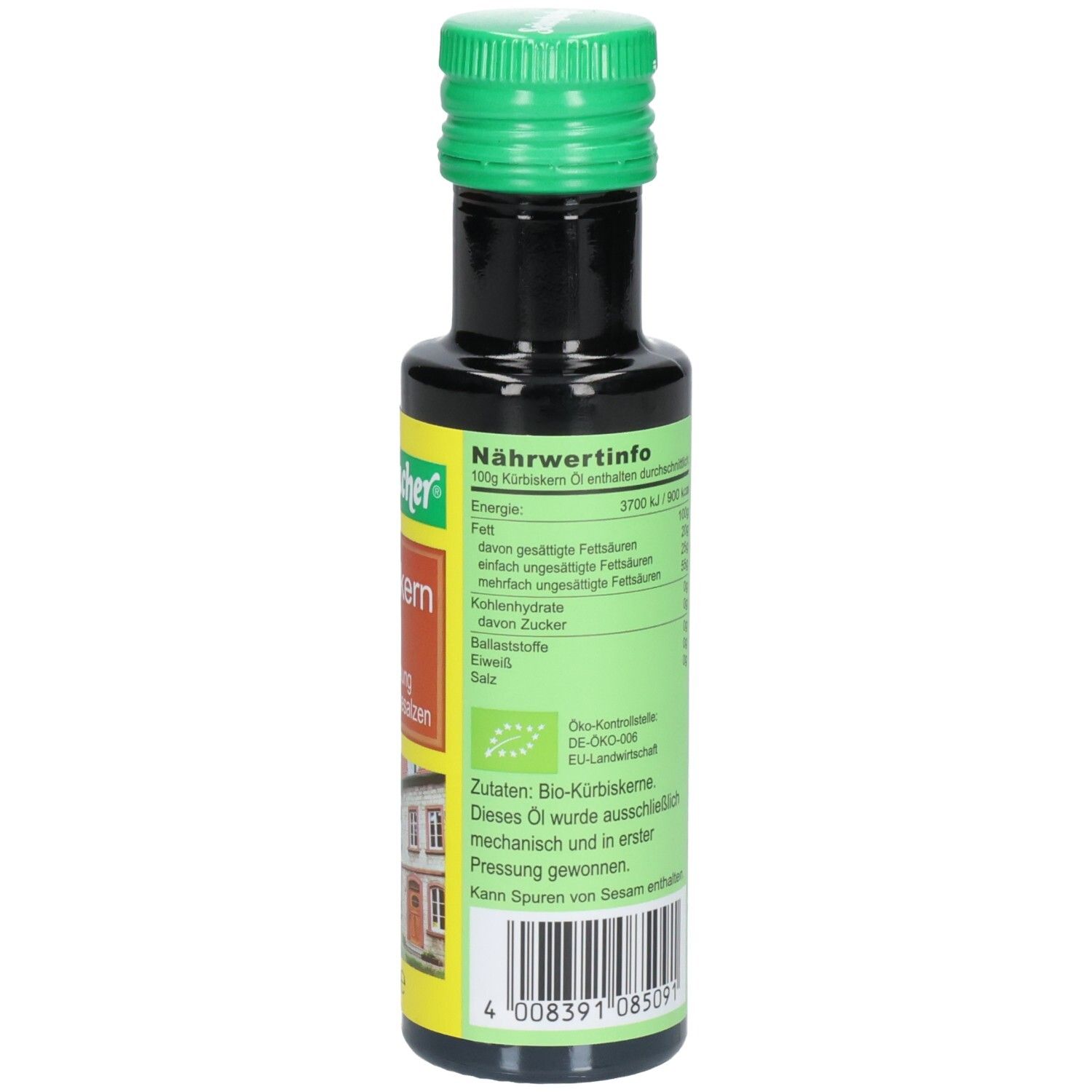 Braune Glasflasche mit grünem Deckel. Etikett mit Nährwertinformationen und Bio-Siegel. Text in deutscher Sprache.