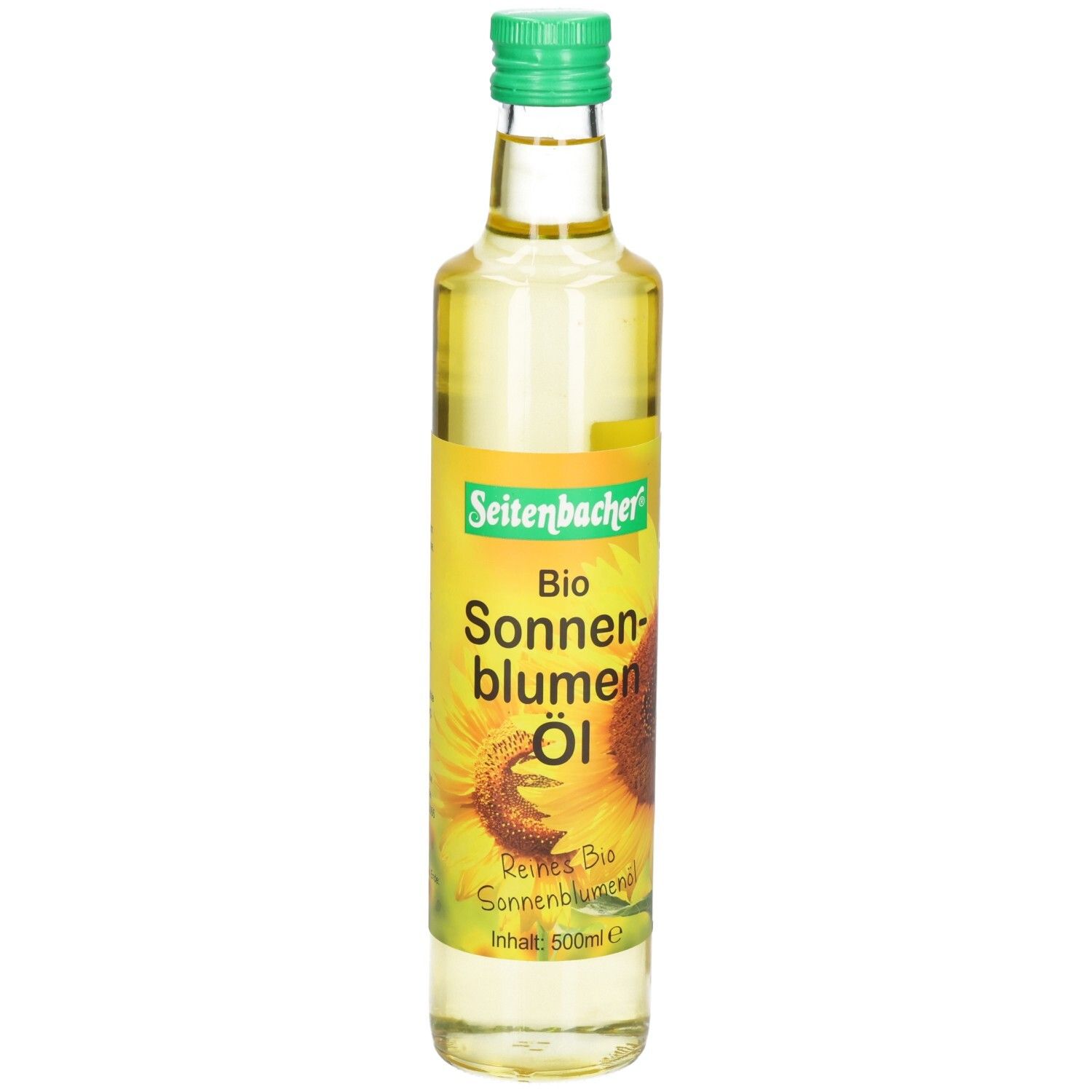 Glasflasche mit grünem Deckel. Etikett mit "Seitenbacher Bio Sonnenblumen Öl" und Sonnenblumen-Illustration.