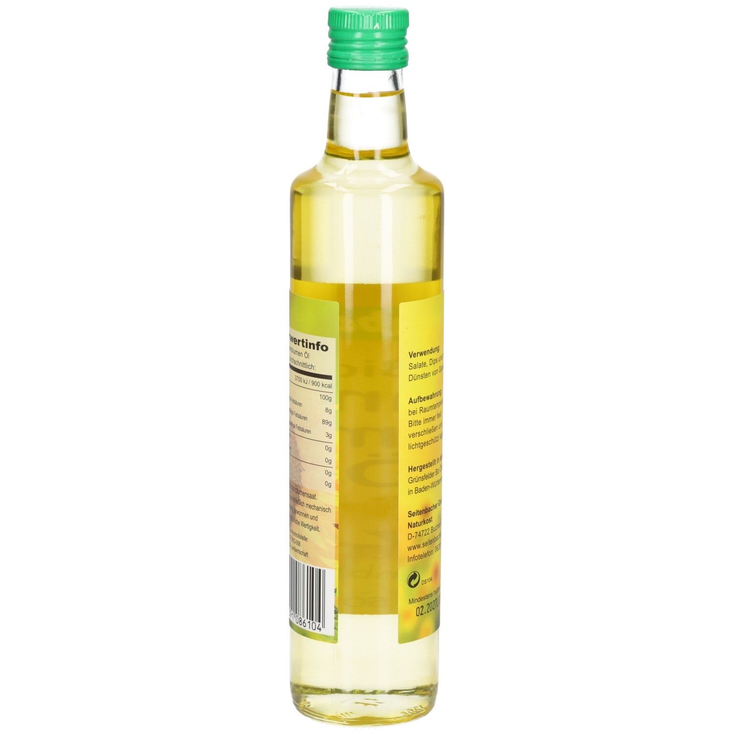 Seitenansicht der Glasflasche. Etikett mit Nährwertinformationen und Barcode.