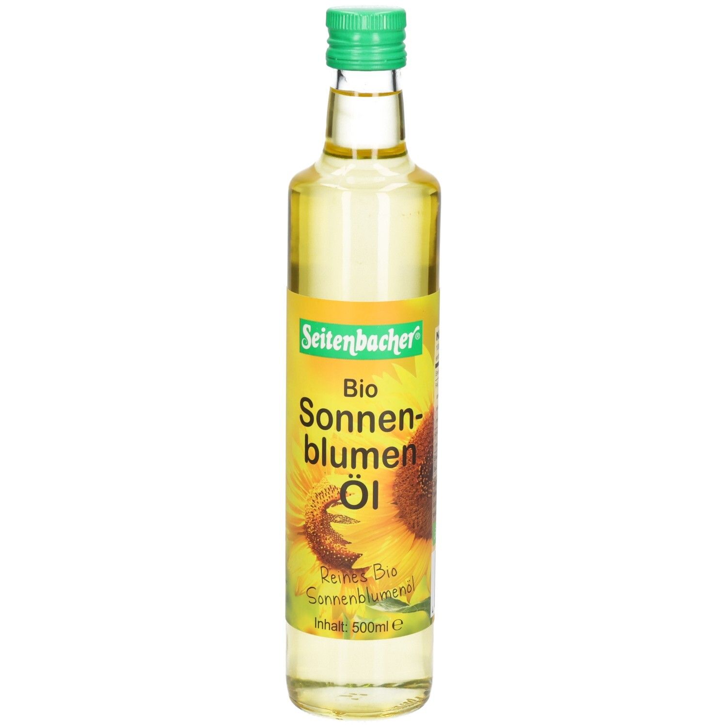 Glasflasche mit grünem Deckel. Etikett mit "Seitenbacher Bio Sonnenblumen Öl" und Sonnenblumen-Illustration.
