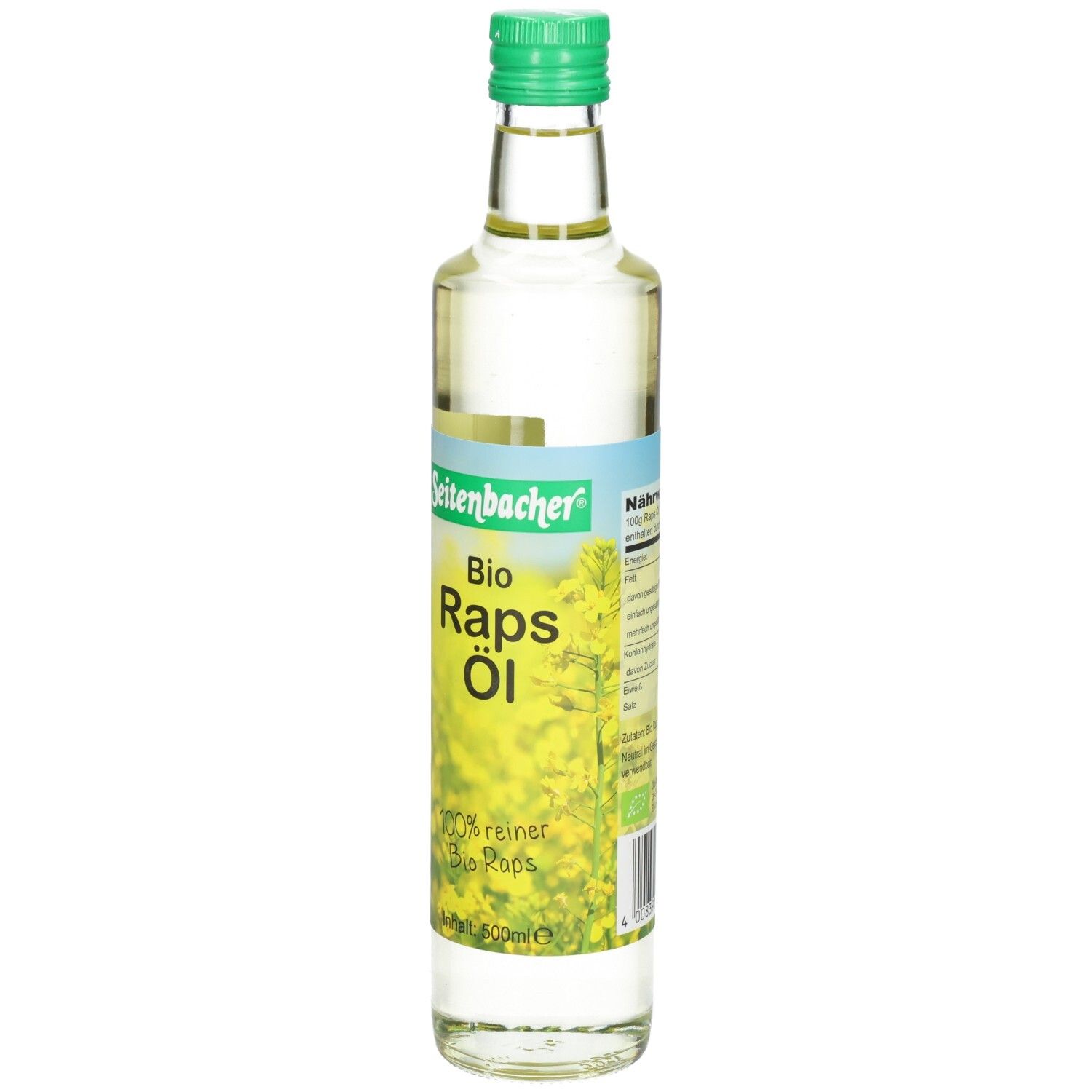 Klare Glasflasche mit grünem Deckel. Etikett mit "Seitenbacher Bio Raps Öl". Hintergrund mit gelben Blüten.