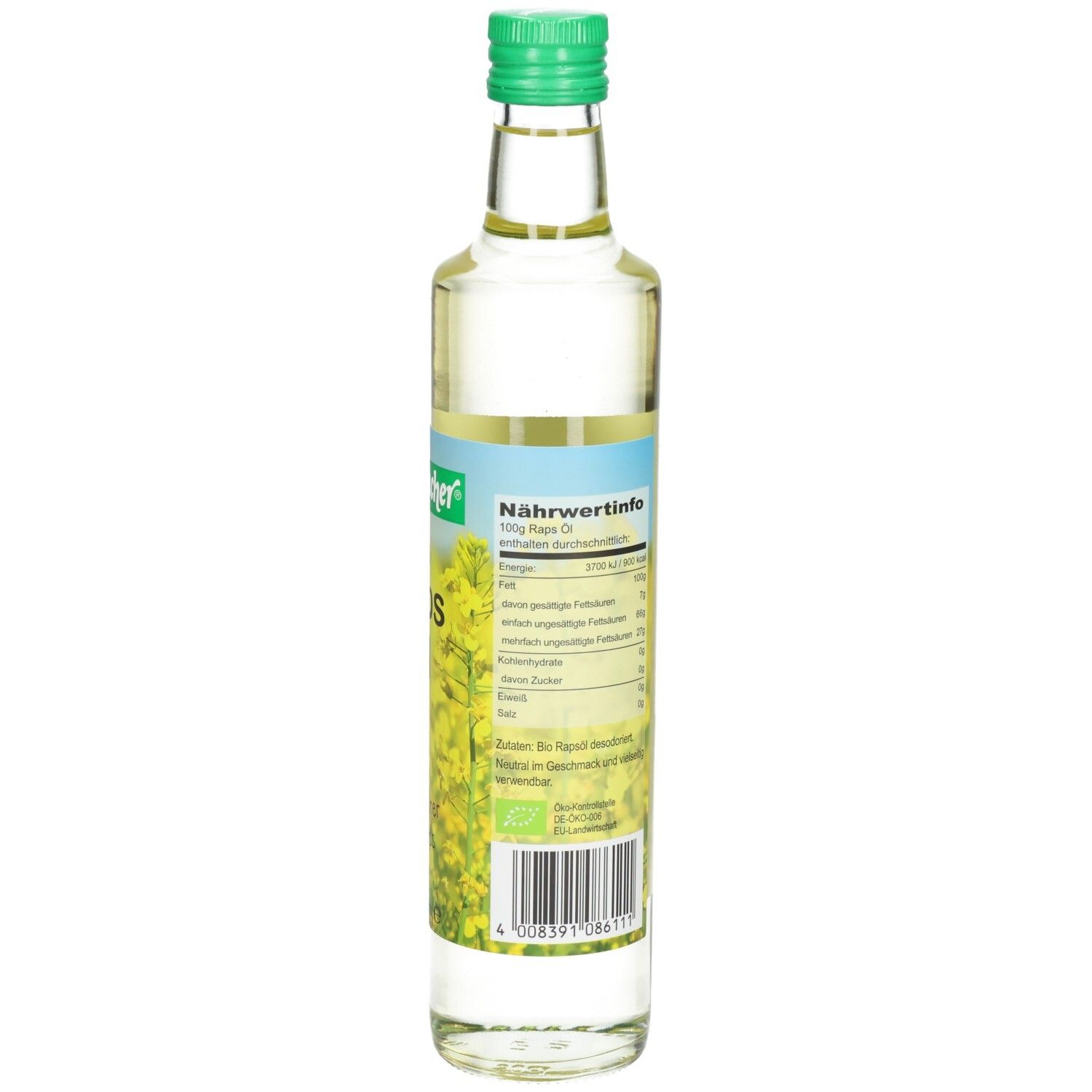 Glasflasche mit grünem Deckel. Rückseite mit Nährwertinformationen und Barcode. Etikett mit gelben Blüten.