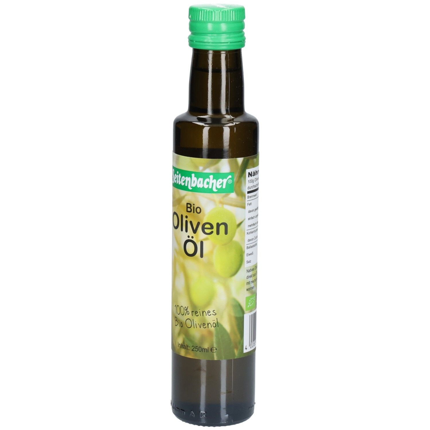Braune Glasflasche mit grünem Deckel. Etikett mit "Seitenbacher Bio Oliven Öl".
