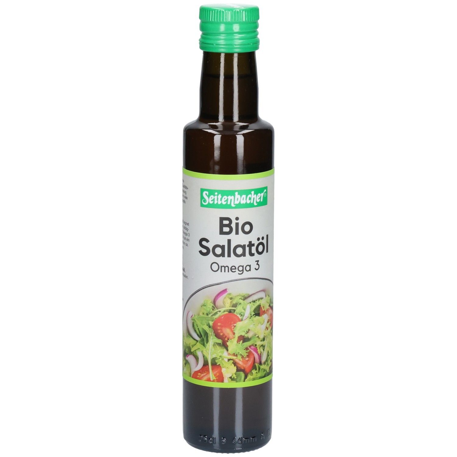 Braune Glasflasche mit grünem Deckel. Etikett mit Produktname: Bio Salatöl Omega 3. Abbildung eines Salats.