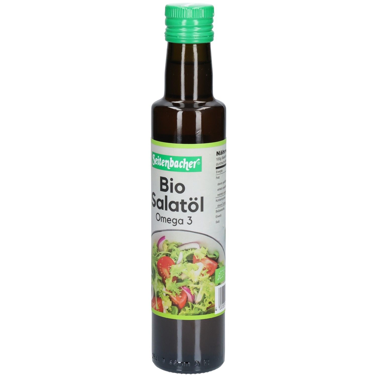 Braune Glasflasche mit grünem Deckel. Etikett mit Produktname: Bio Salatöl Omega 3. Abbildung eines Salats.