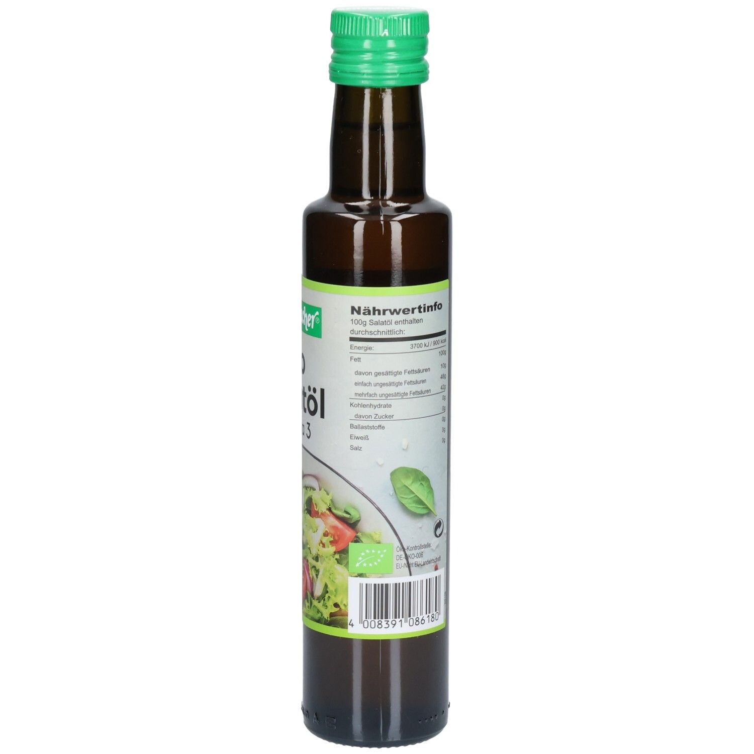 Braune Glasflasche mit grünem Deckel. Etikett mit Nährwertinformationen. Abbildung eines Salats.