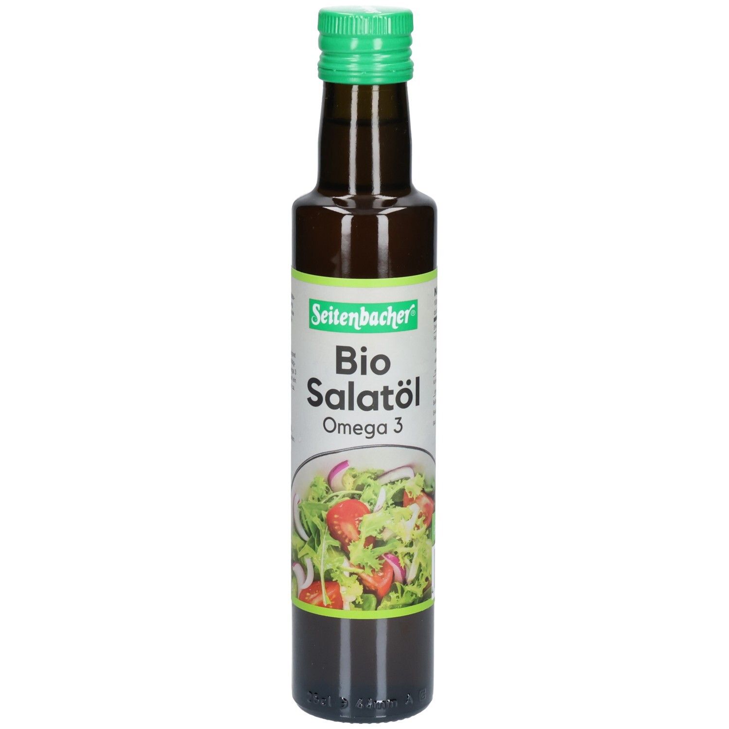 Braune Glasflasche mit grünem Deckel. Etikett mit Produktname: Bio Salatöl Omega 3. Abbildung eines Salats.