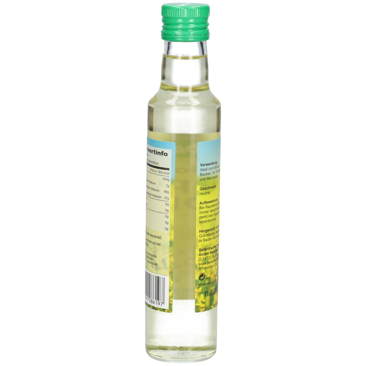 Rückansicht der Ölflasche. Etikett mit Nährwertinformationen und Barcode.