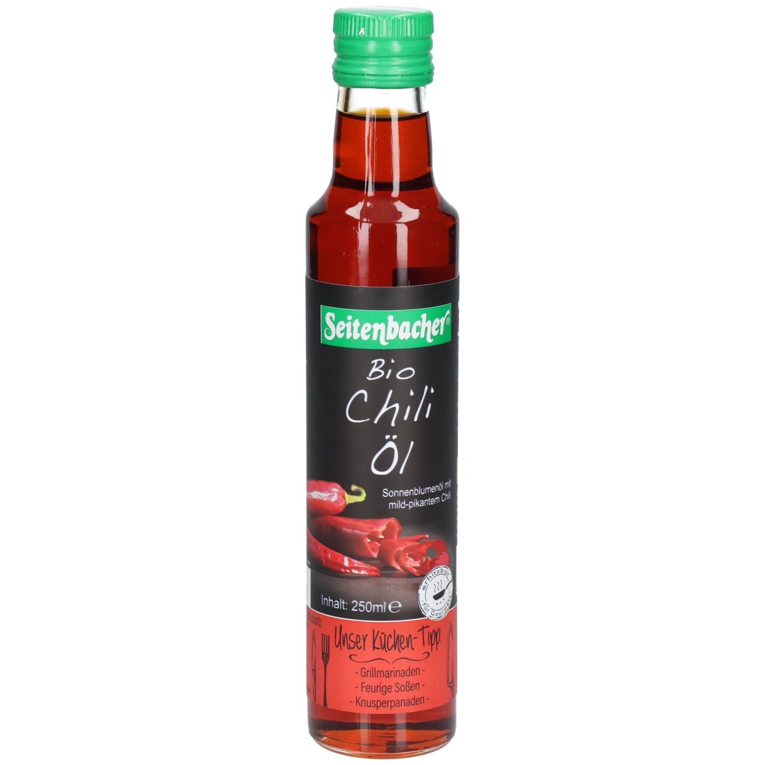 Glasflasche mit grünem Deckel. Etikett mit Produktnamen und Chili-Abbildung. Enthält Bio Chili Öl.